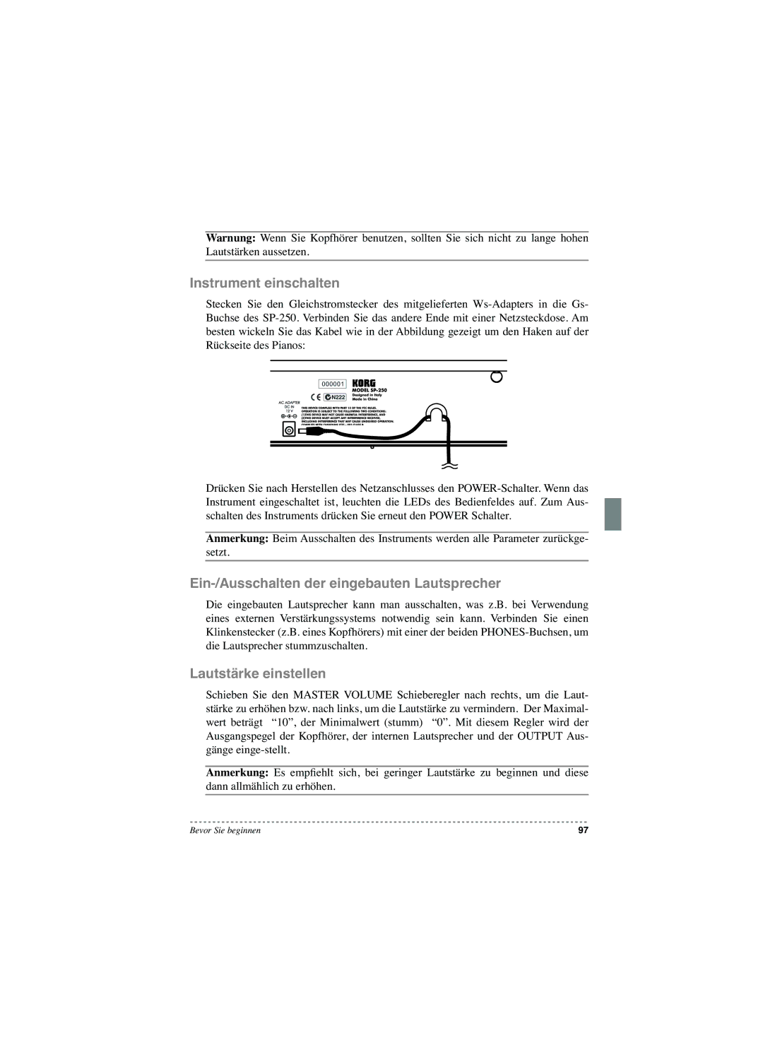 Korg SP-250 manual Instrument einschalten, Ein-/Ausschalten der eingebauten Lautsprecher, Lautstärke einstellen 