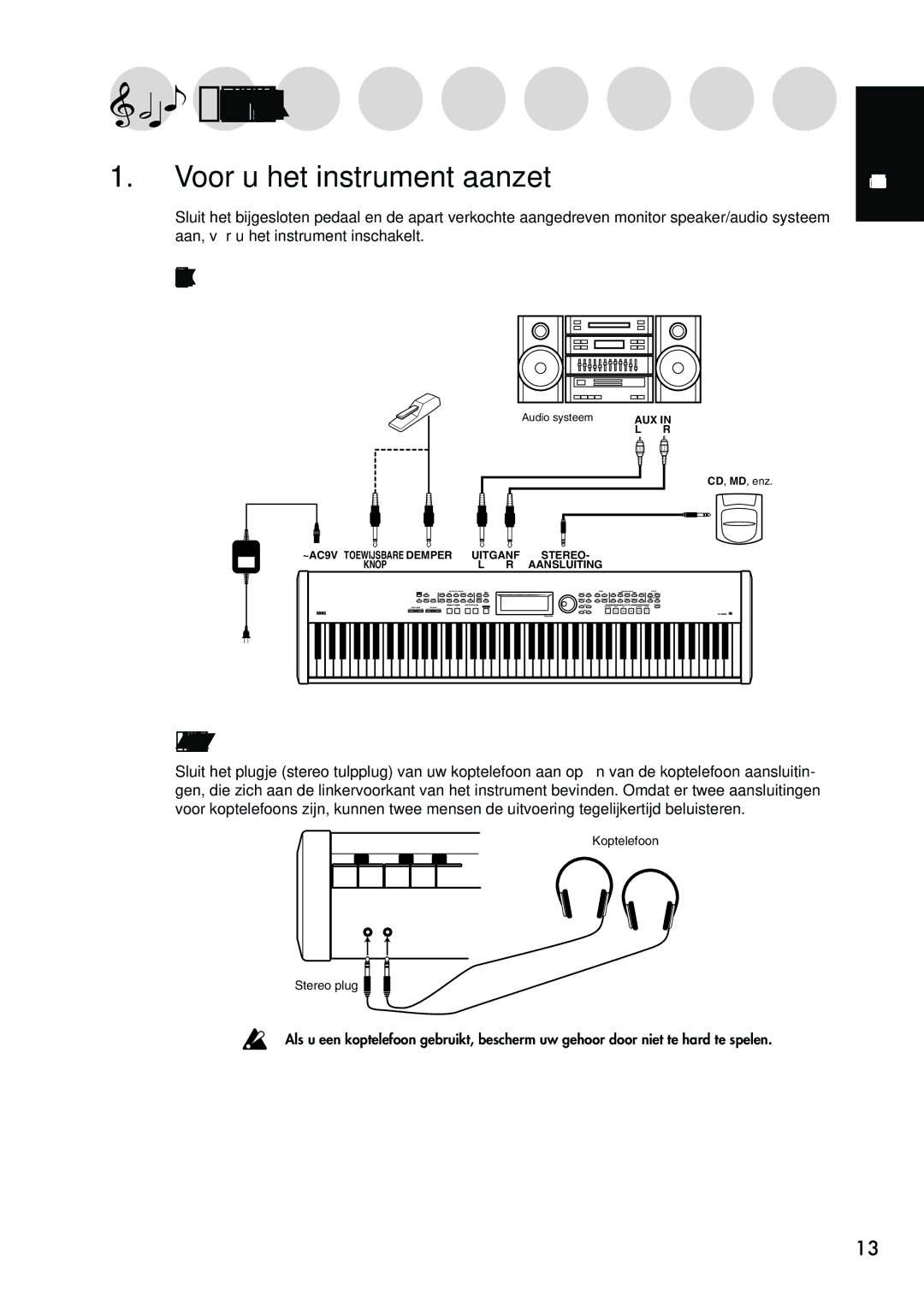 Korg Sp-500 Voorbereidingen voor het spelen, Voor u het instrument aanzet, Aansluitingen, Als u koptelefoons gebruikt 