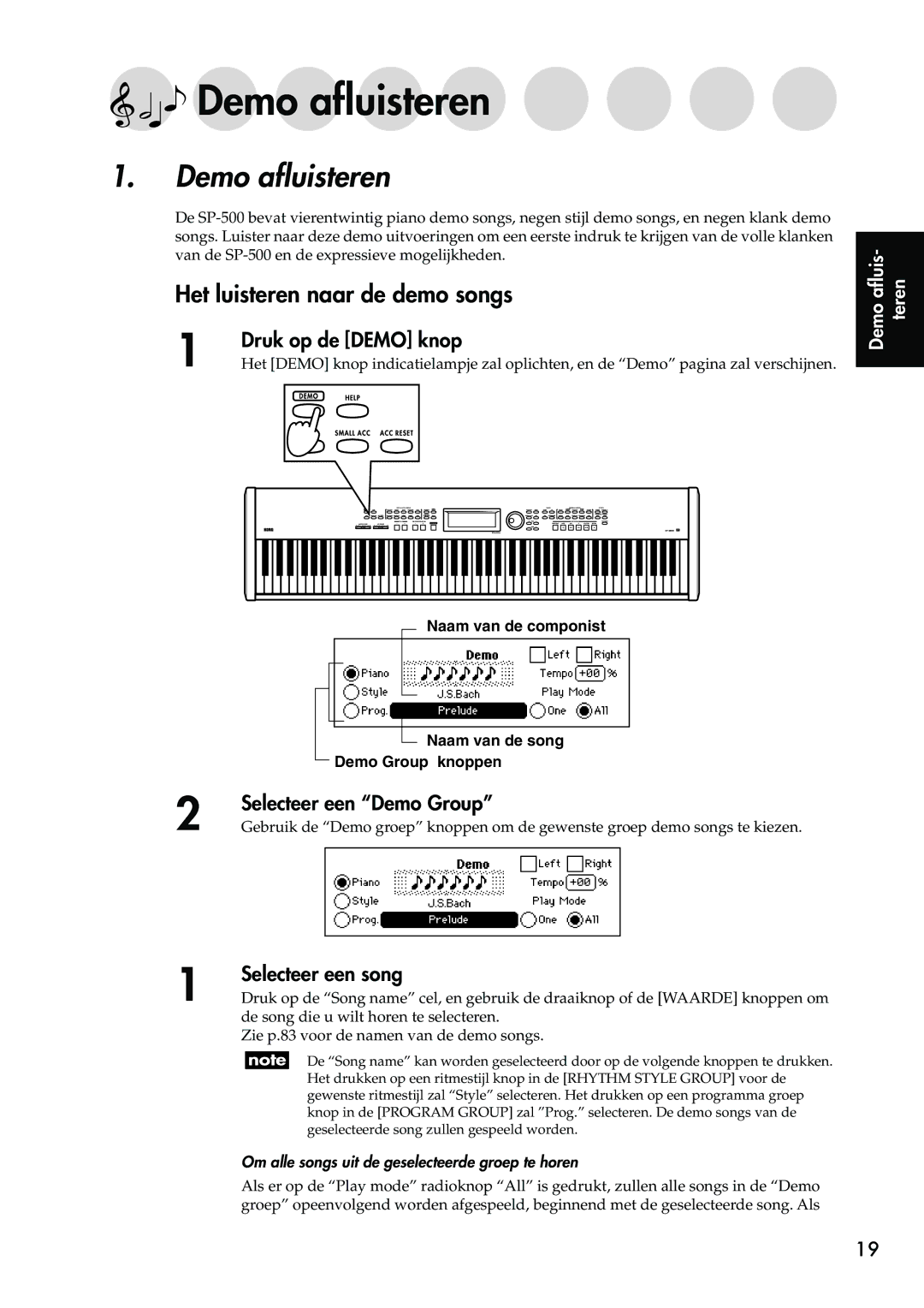 Korg Sp-500 manual Demo aﬂuisteren, Het luisteren naar de demo songs 