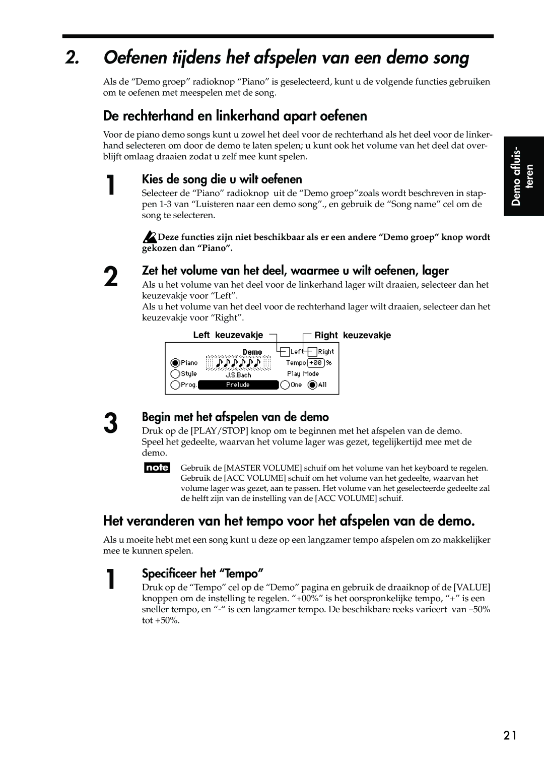 Korg Sp-500 manual Oefenen tijdens het afspelen van een demo song, De rechterhand en linkerhand apart oefenen 