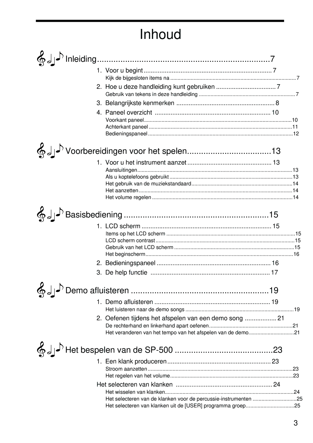 Korg Sp-500 manual Inhoud, Het bespelen van de SP-500 