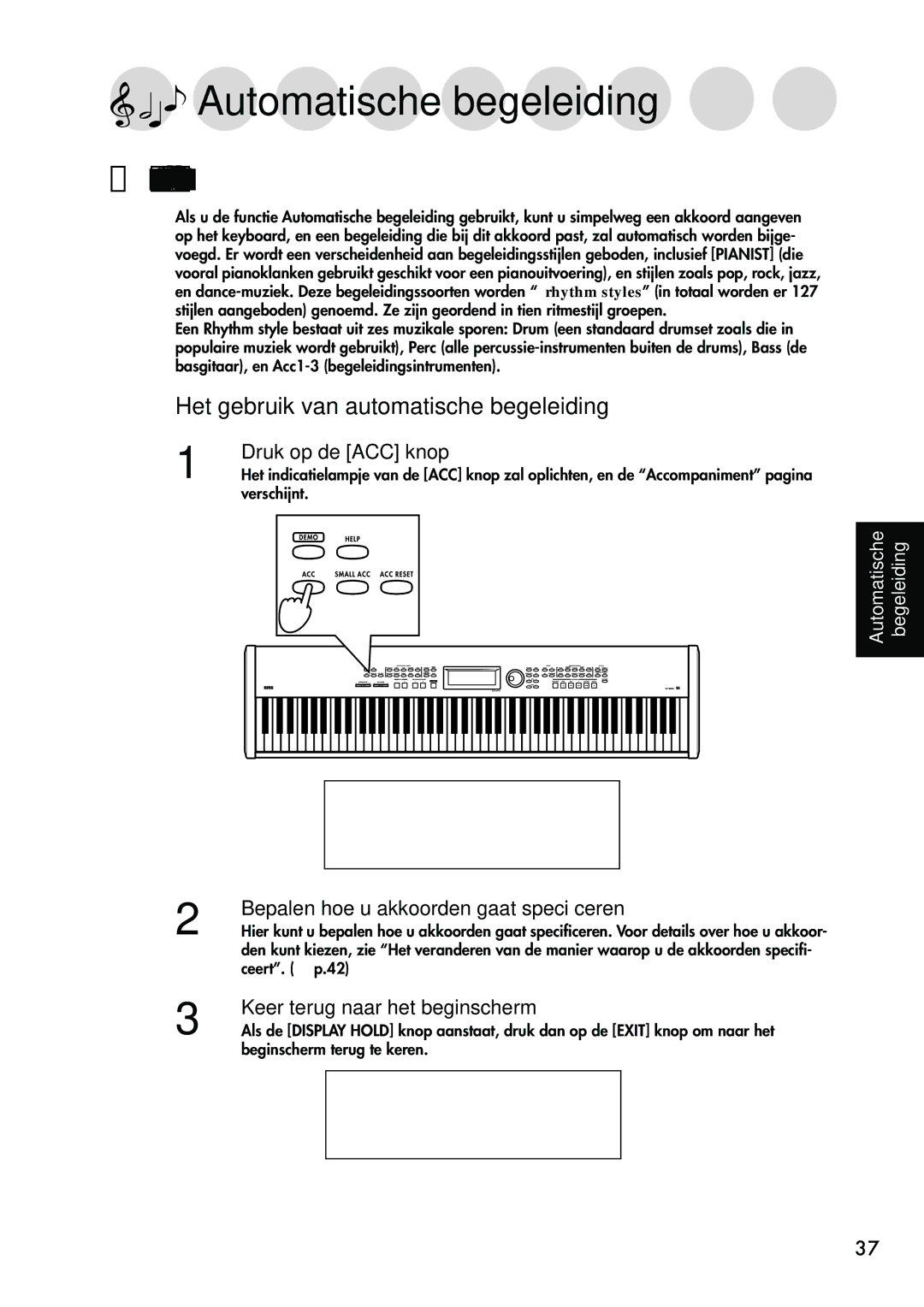 Korg Sp-500 manual Automatische begeleiding, Spelen met automatische begeleiding, Het gebruik van automatische begeleiding 