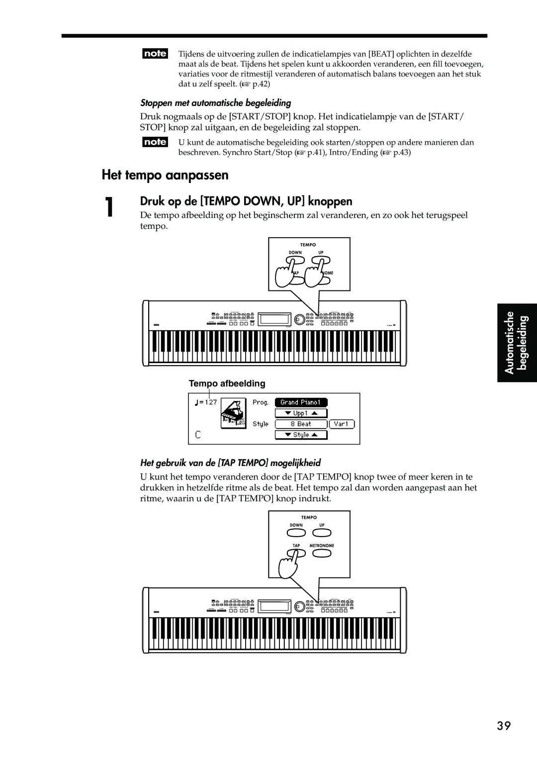 Korg Sp-500 manual Het tempo aanpassen, Druk op de Tempo DOWN, UP knoppen, Stoppen met automatische begeleiding 