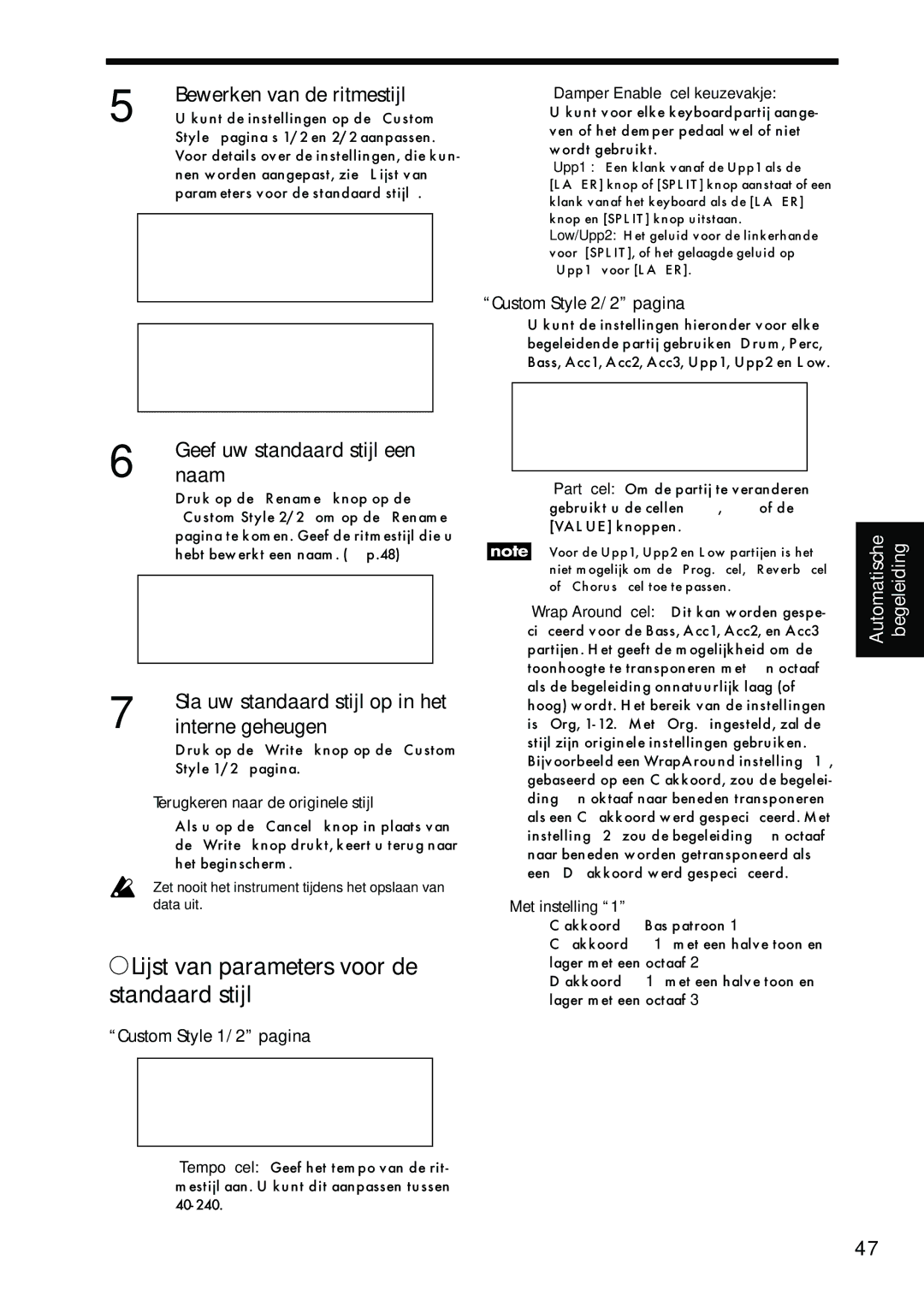 Korg Sp-500 manual Lijst van parameters voor de standaard stijl 