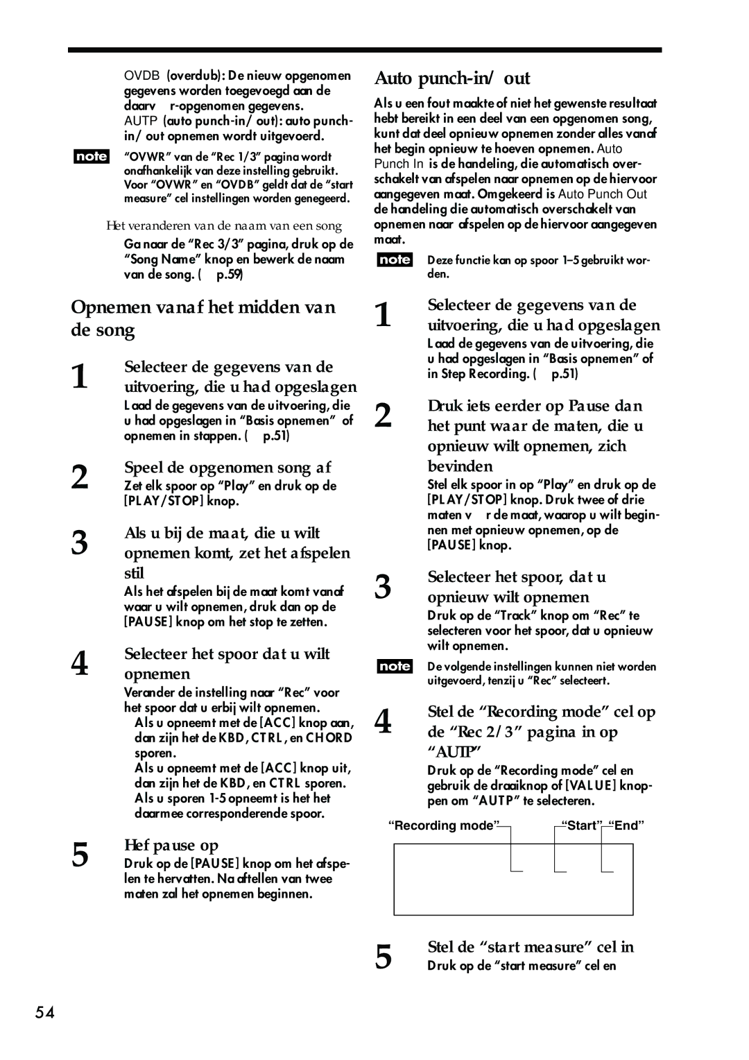 Korg Sp-500 manual Auto punch-in/ out, Opnemen vanaf het midden van de song 