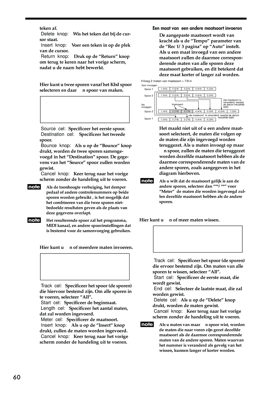 Korg Sp-500 Bounce Track pagina, Insert Measure pagina, Delete Measure pagina, Een maat van een andere maatsoort invoeren 