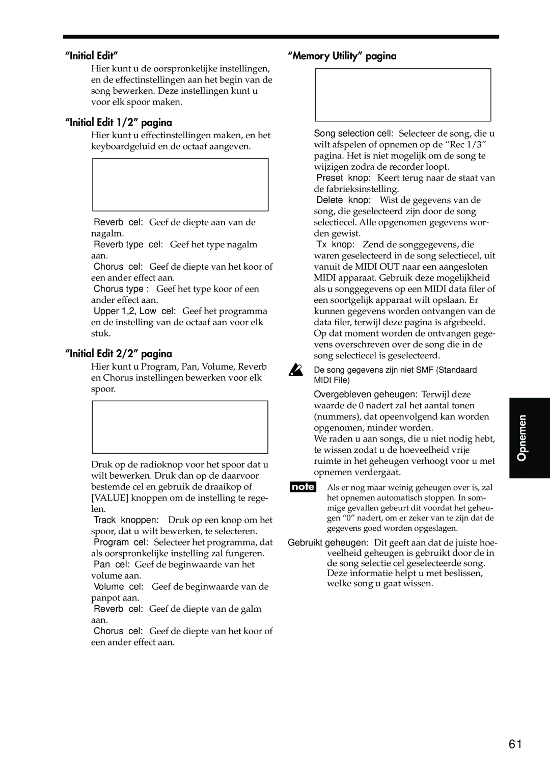 Korg Sp-500 manual Initial Edit 1/2 pagina, Initial Edit 2/2 pagina, Memory Utility pagina, Opgenomen, minder worden 