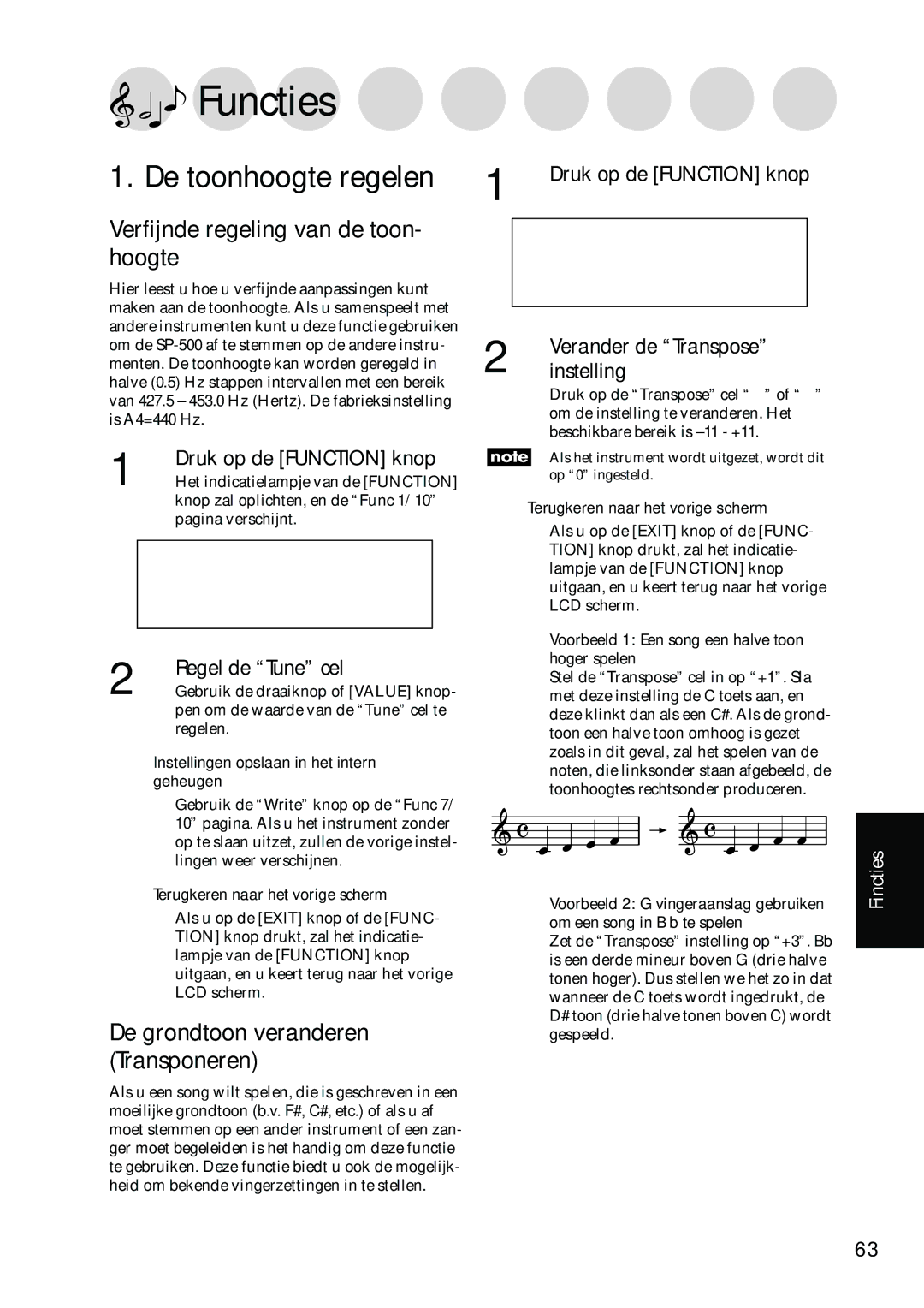 Korg Sp-500 Functies, De toonhoogte regelen, Verﬁjnde regeling van de toon- hoogte, De grondtoon veranderen Transponeren 