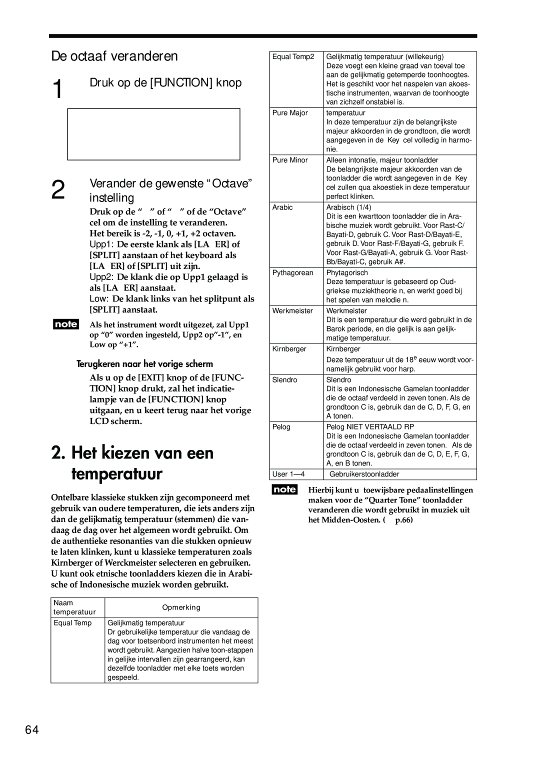 Korg Sp-500 manual Het kiezen van een temperatuur, De octaaf veranderen, Naam Opmerking Temperatuur 