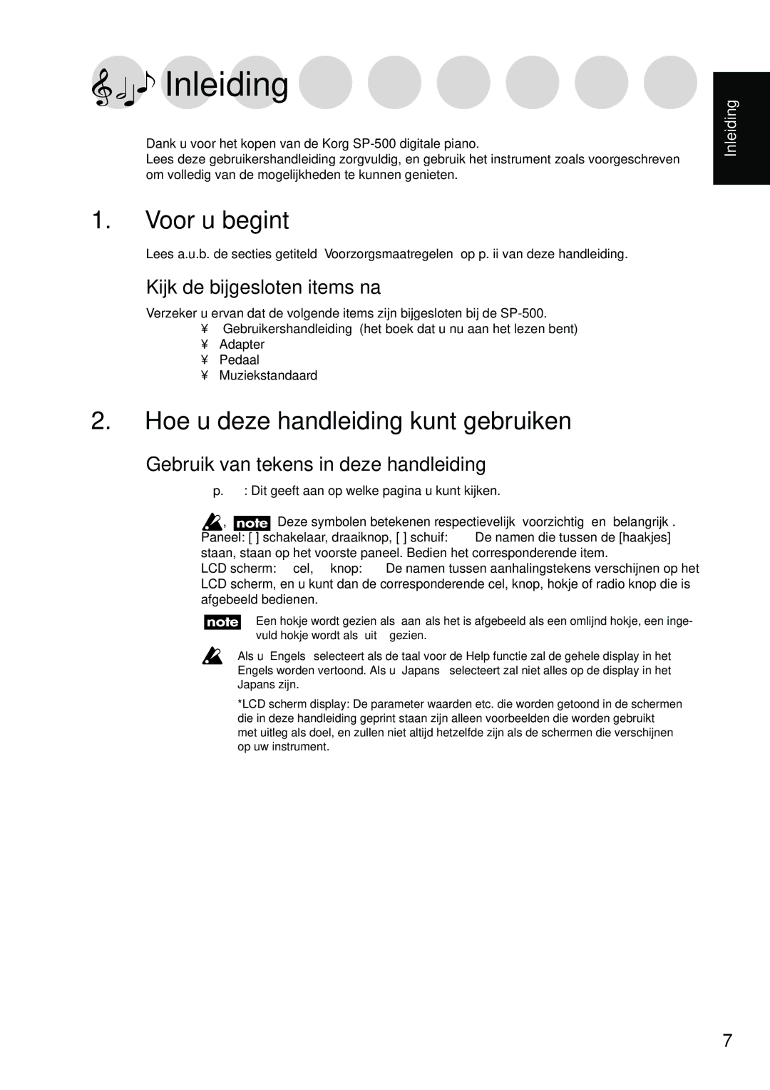 Korg Sp-500 manual Inleiding, Voor u begint, Hoe u deze handleiding kunt gebruiken, Kijk de bijgesloten items na 