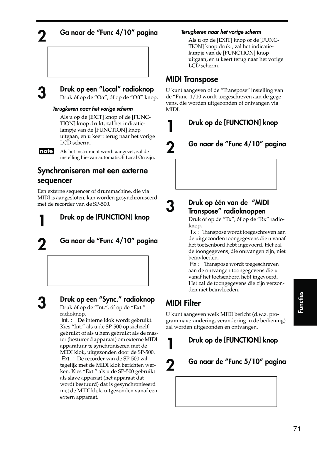 Korg Sp-500 manual Synchroniseren met een externe sequencer, Midi Transpose, Midi Filter 