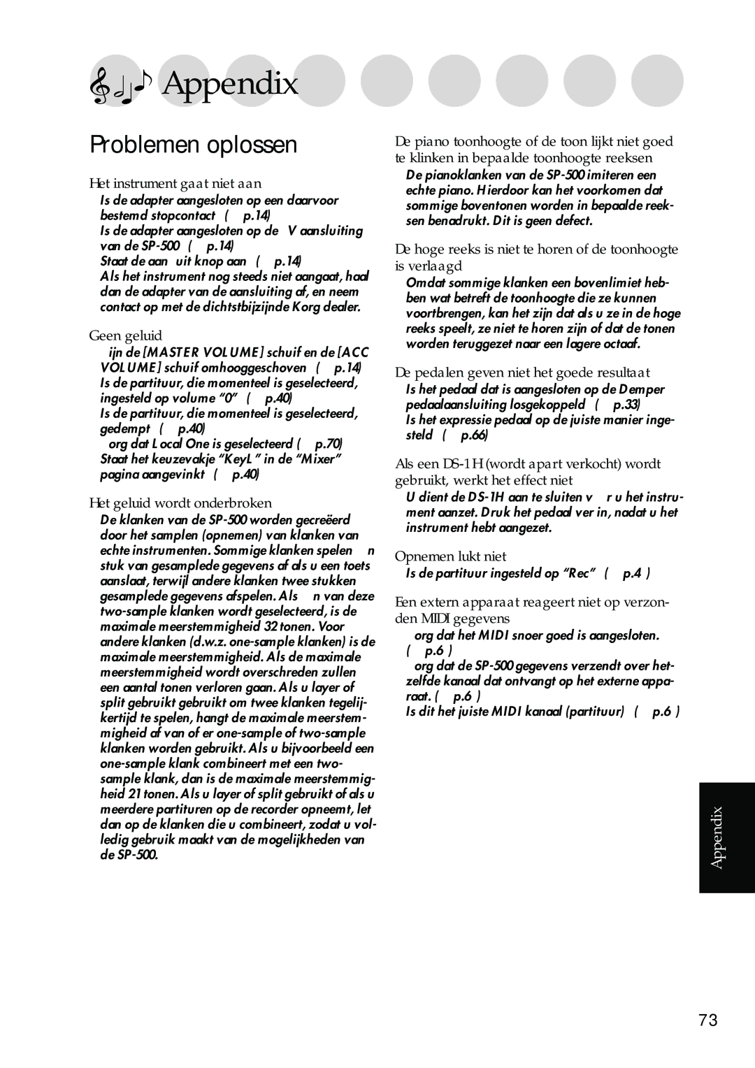 Korg Sp-500 manual Appendix, Problemen oplossen 