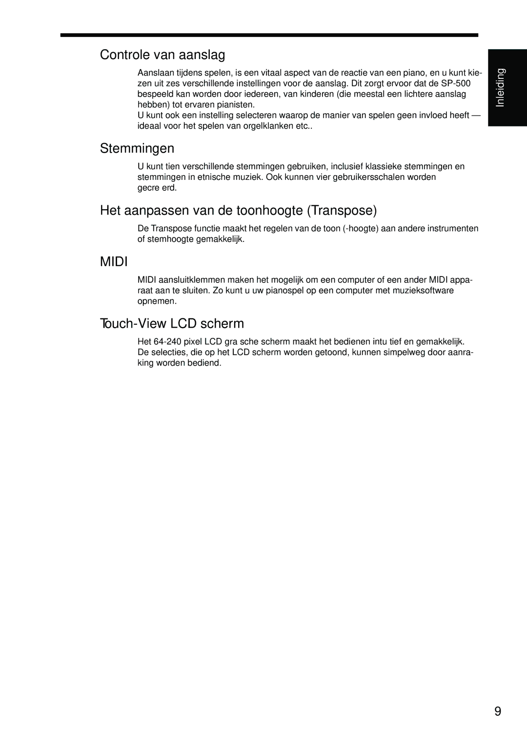 Korg Sp-500 manual Controle van aanslag, Stemmingen, Het aanpassen van de toonhoogte Transpose, Touch-View LCD scherm 