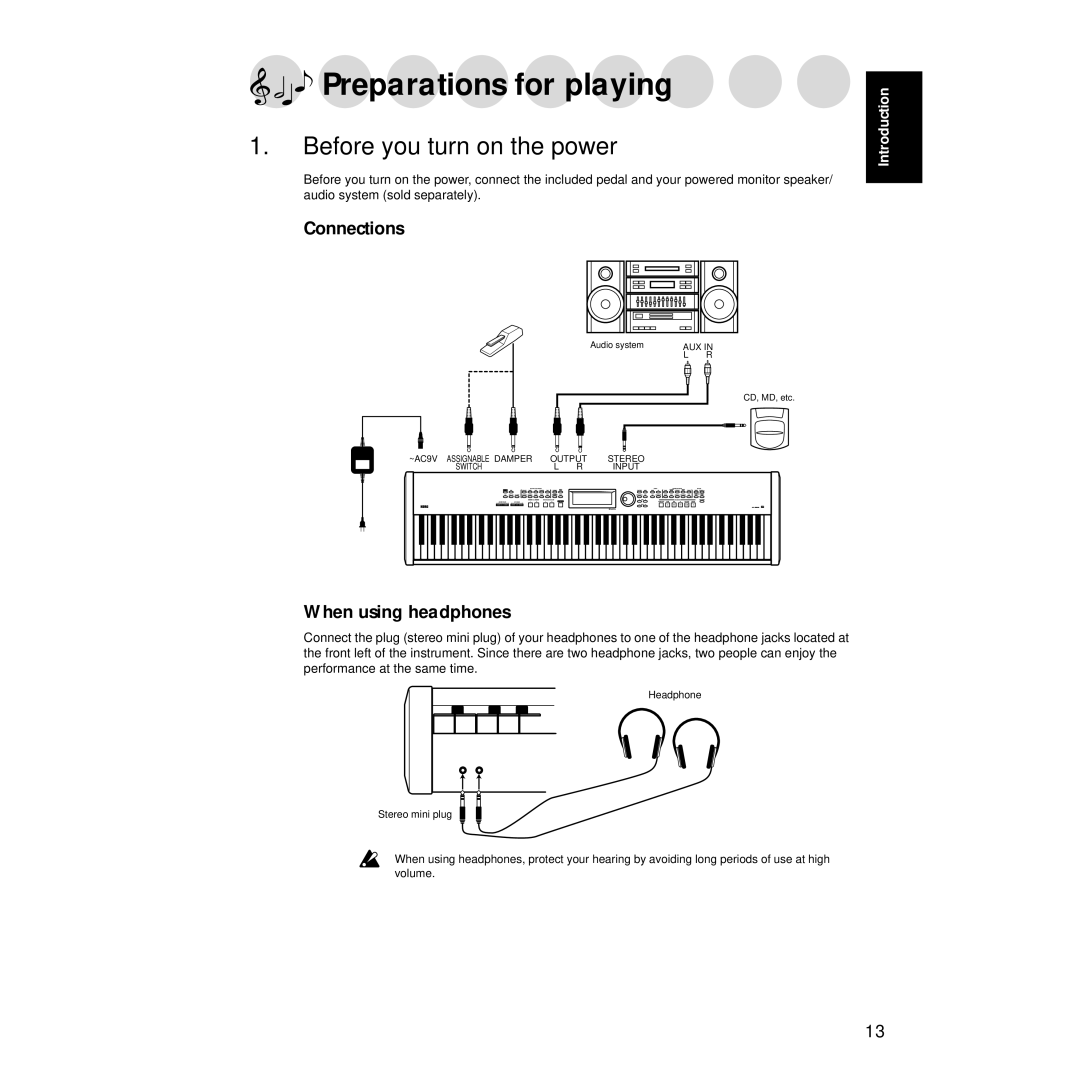 Korg Sp-500 manual Preparations for playing, Before you turn on the power, Connections, When using headphones 