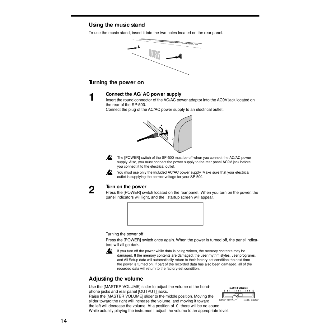 Korg Sp-500 manual Using the music stand, Turning the power on, Adjusting the volume, Connect the AC/AC power supply 