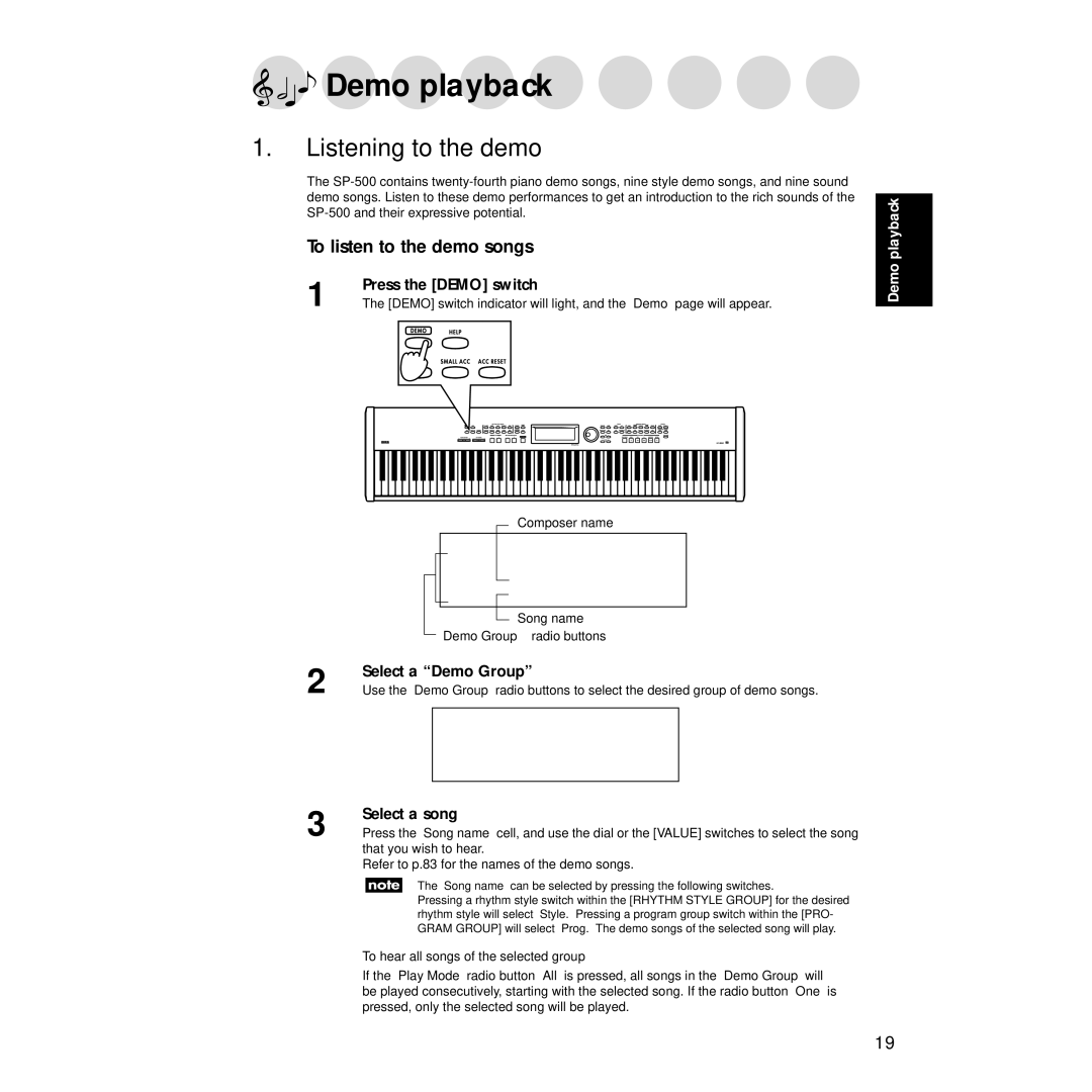 Korg Sp-500 manual Demo playback, Listening to the demo, To listen to the demo songs 