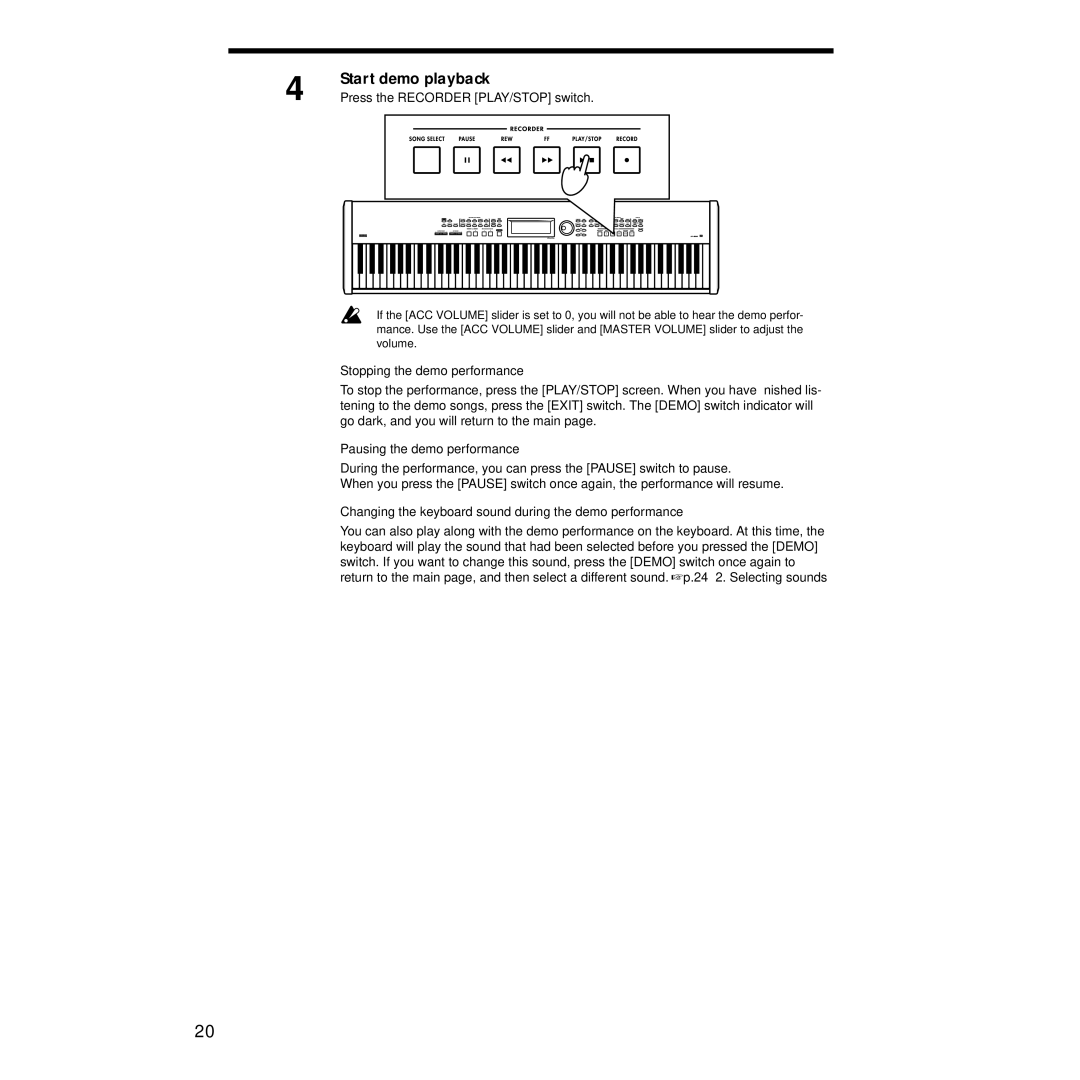 Korg Sp-500 manual Start demo playback, Press the Recorder PLAY/STOP switch, Stopping the demo performance 
