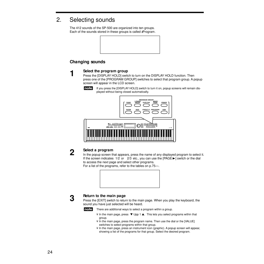 Korg Sp-500 manual Selecting sounds, Changing sounds, Select the program group, Select a program, Return to the main 