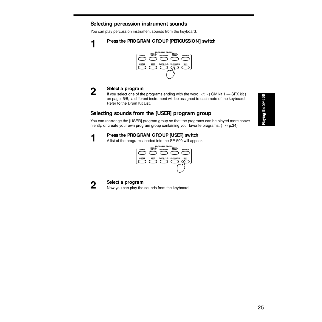 Korg Sp-500 manual Selecting percussion instrument sounds, Selecting sounds from the User program group 