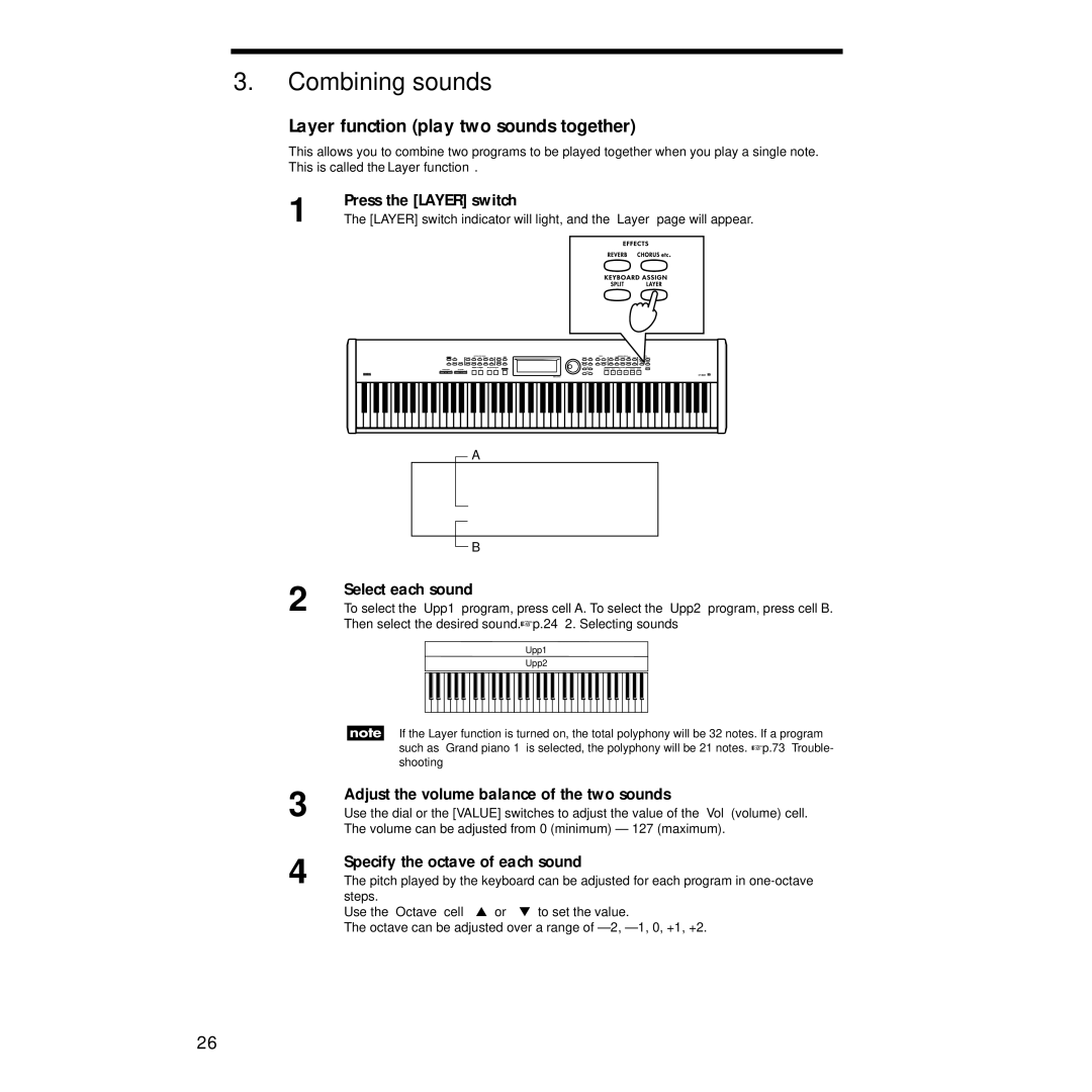 Korg Sp-500 manual Combining sounds, Layer function play two sounds together 