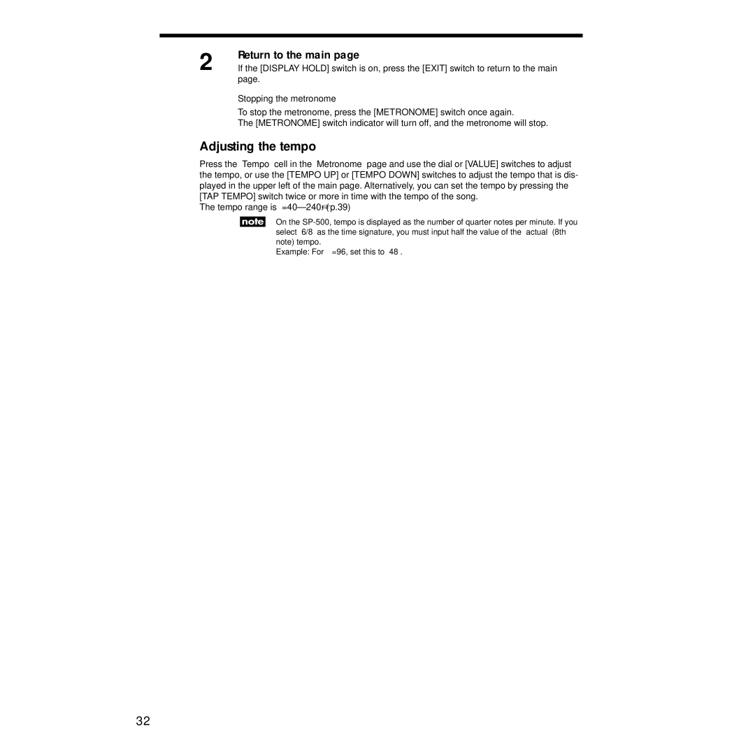 Korg Sp-500 manual Adjusting the tempo, Stopping the metronome 