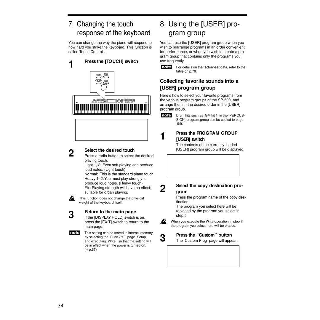 Korg Sp-500 manual Using the User pro- gram group, Collecting favorite sounds into a User program group 