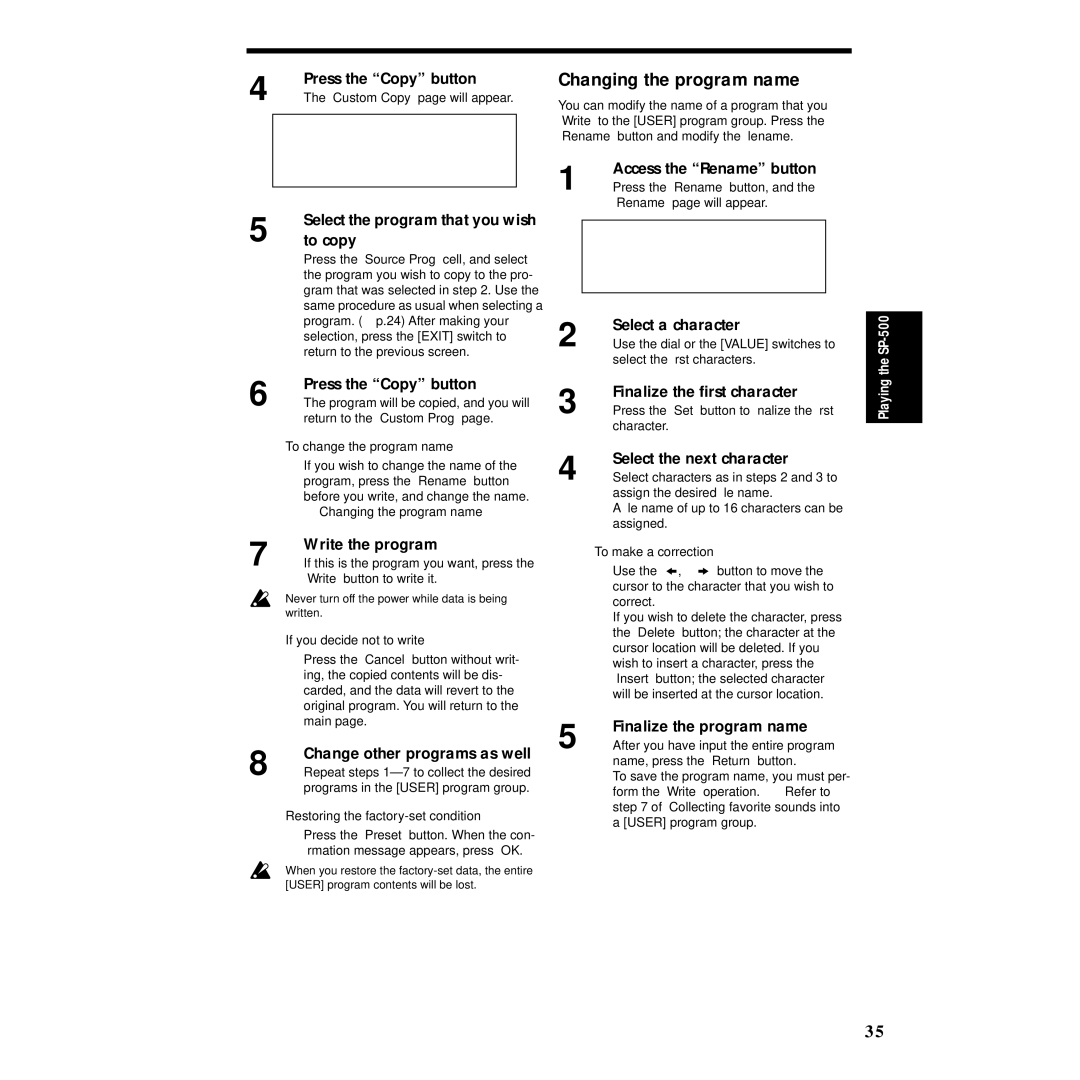 Korg Sp-500 manual Changing the program name 