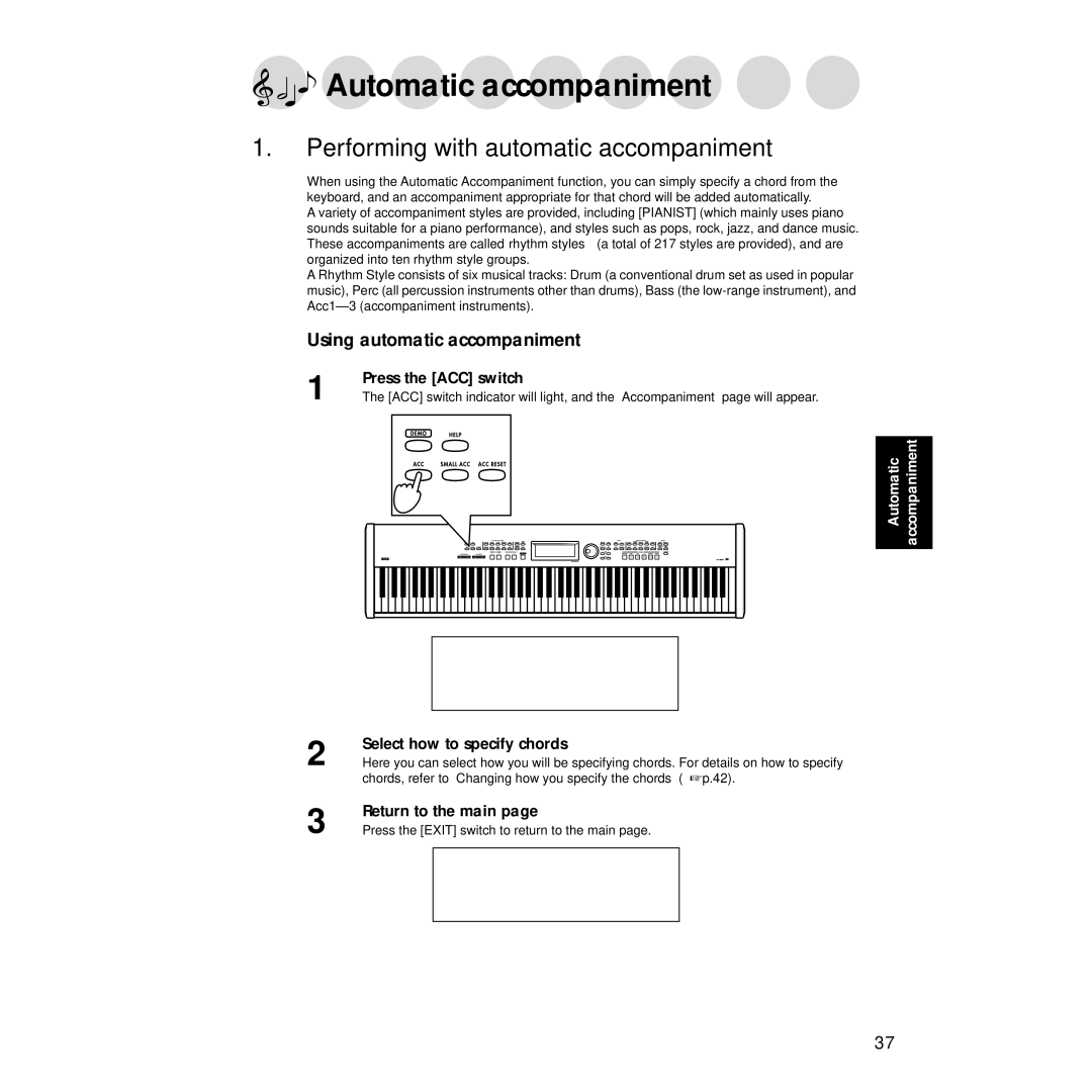 Korg Sp-500 manual Automatic accompaniment, Performing with automatic accompaniment, Using automatic accompaniment 