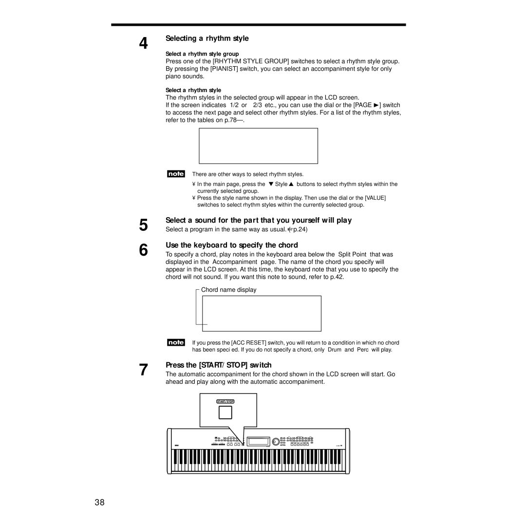 Korg Sp-500 Selecting a rhythm style, Select a sound for the part that you yourself will play, Press the START/STOP switch 