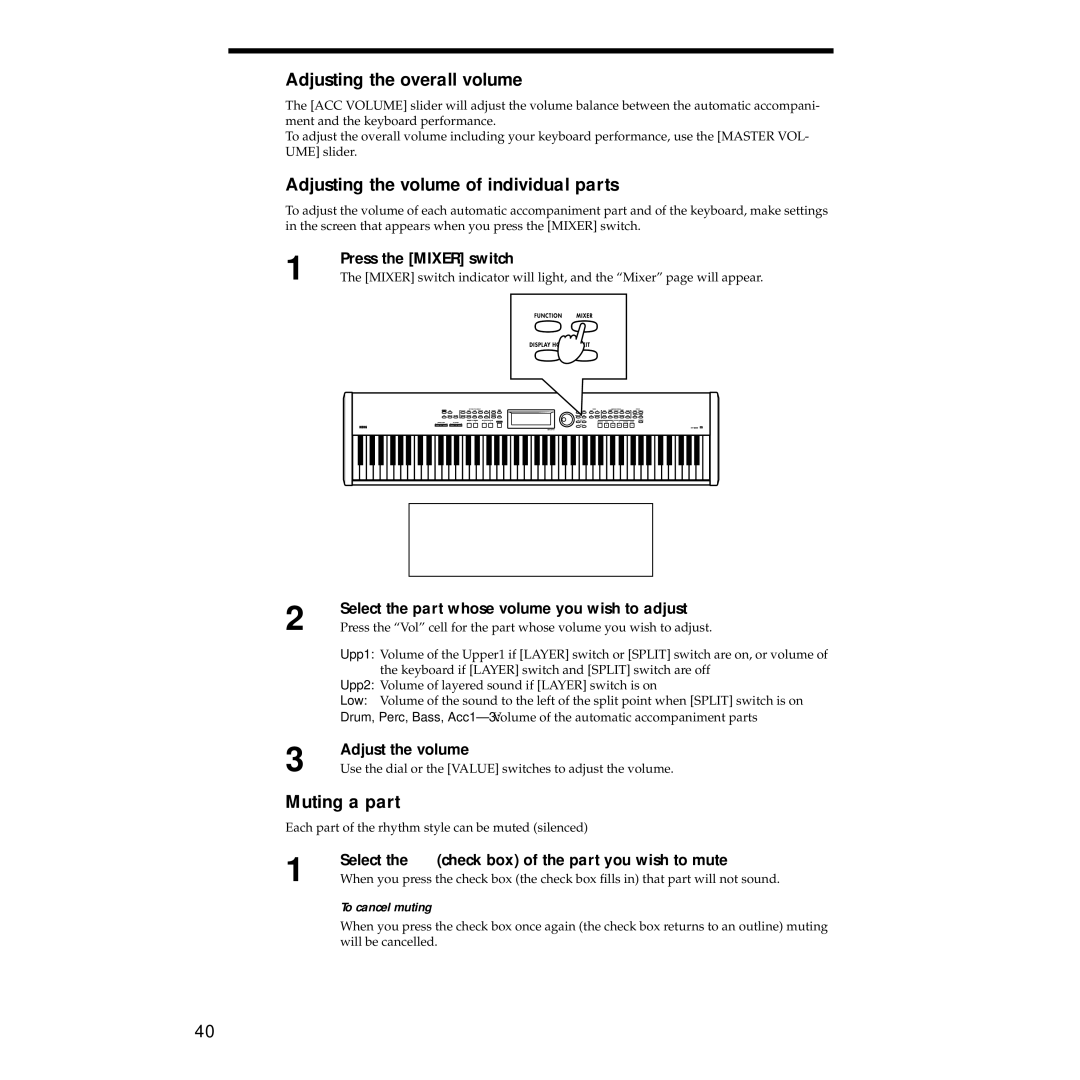 Korg Sp-500 manual Adjusting the overall volume, Adjusting the volume of individual parts, Muting a part 