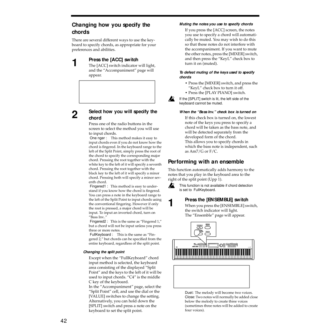 Korg Sp-500 manual Changing how you specify the chords, Performing with an ensemble, Select how you will specify, Chord 