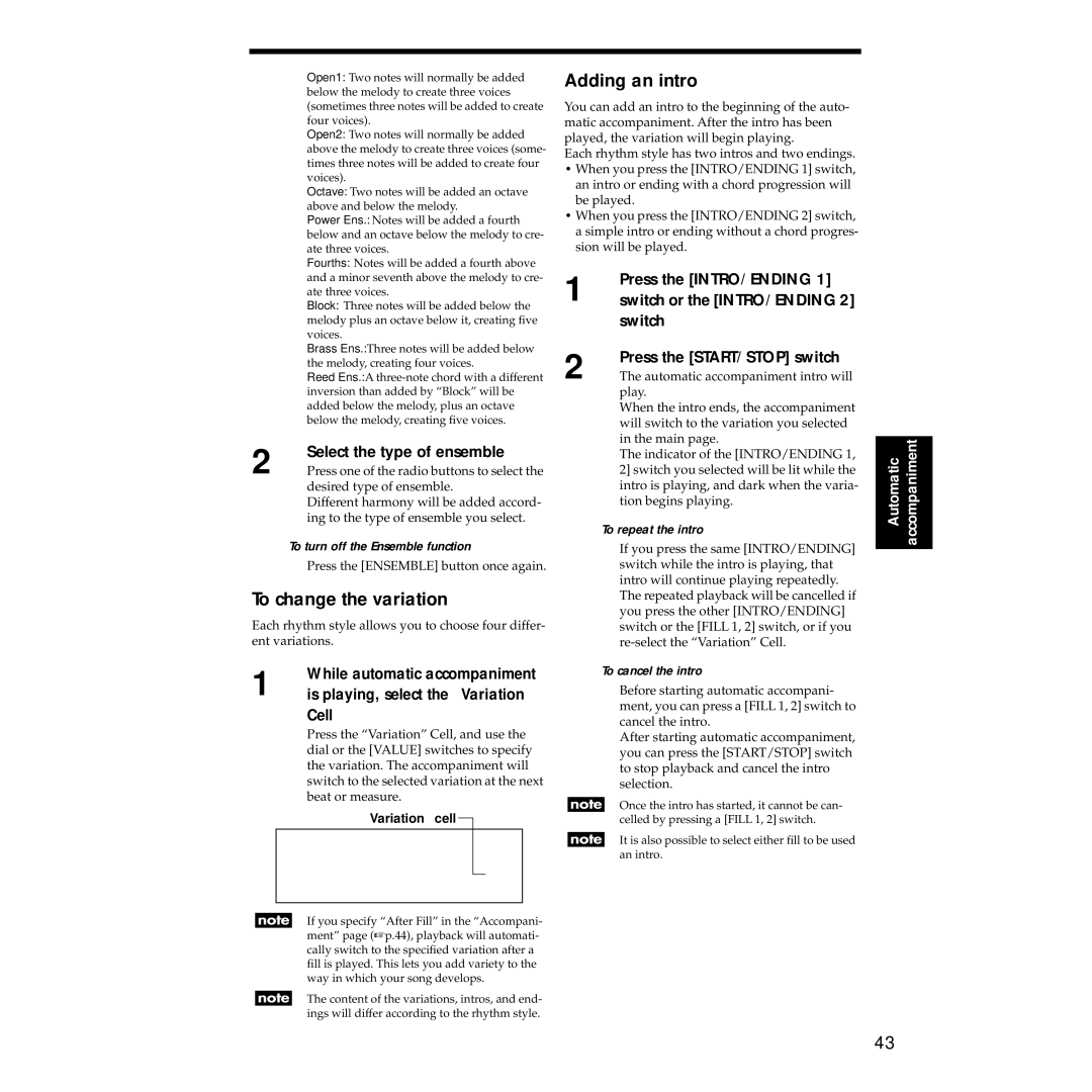 Korg Sp-500 manual To change the variation, Adding an intro 