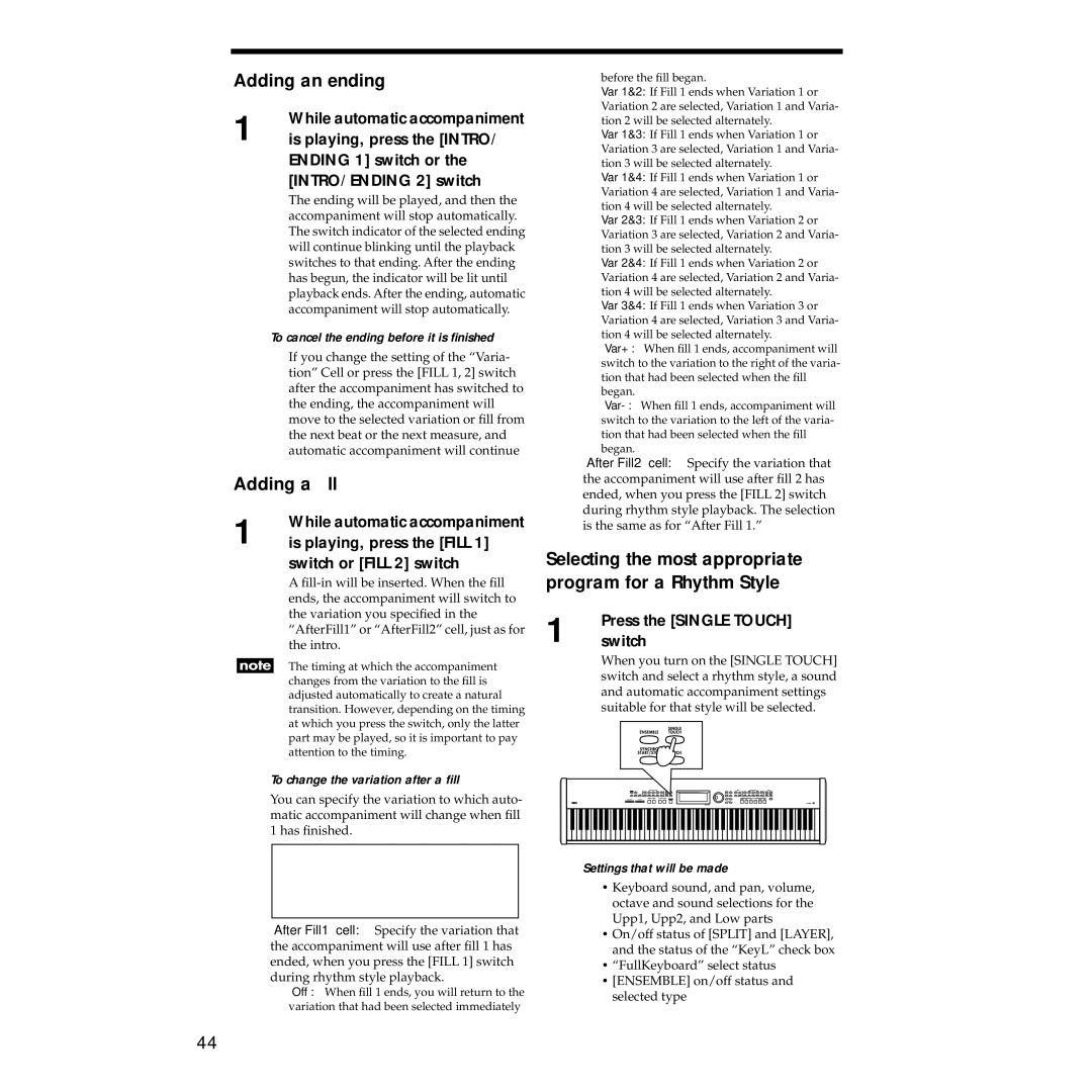 Korg Sp-500 manual Adding an ending, Adding a ﬁll, Selecting the most appropriate program for a Rhythm Style 