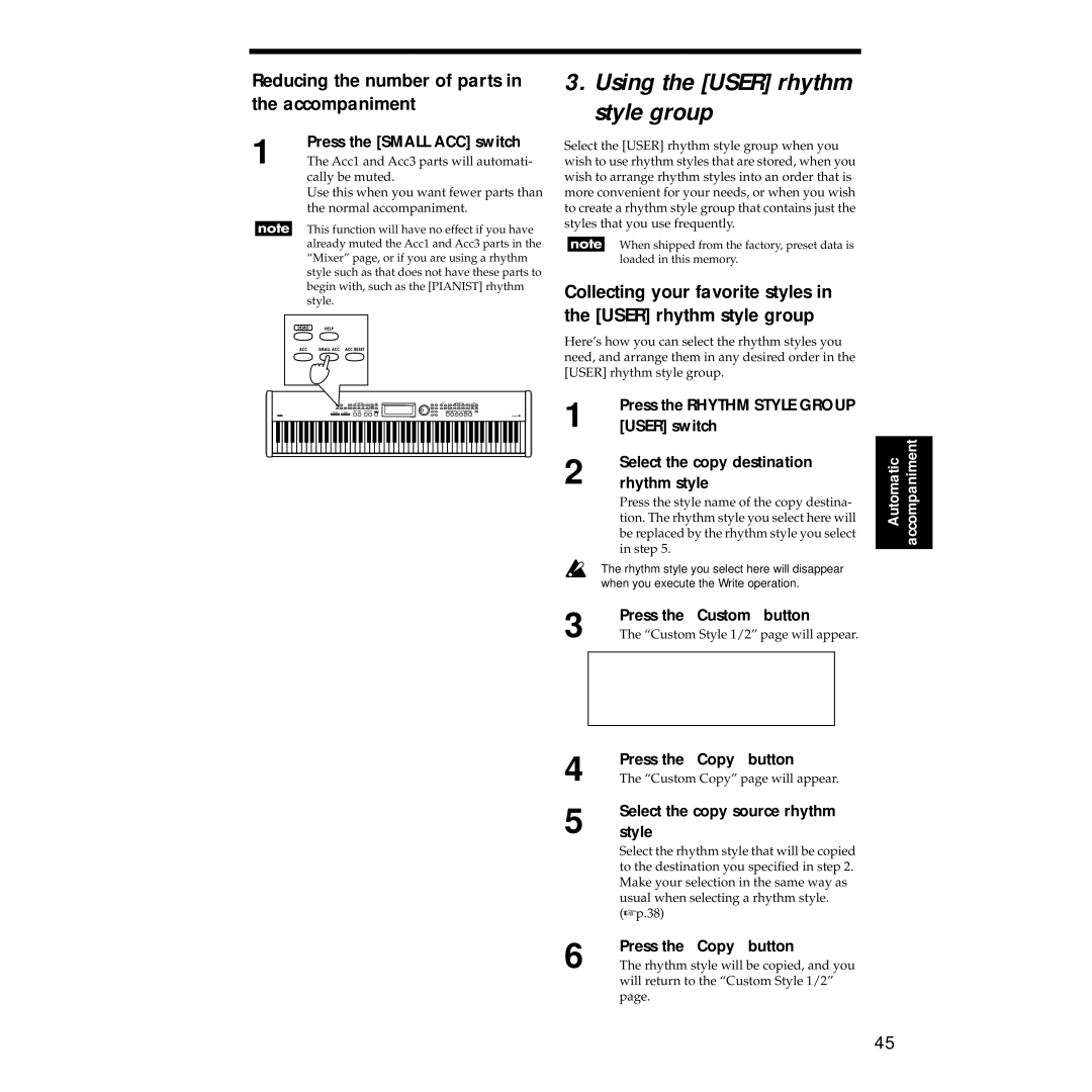 Korg Sp-500 manual Using the User rhythm style group, Reducing the number of parts in the accompaniment 