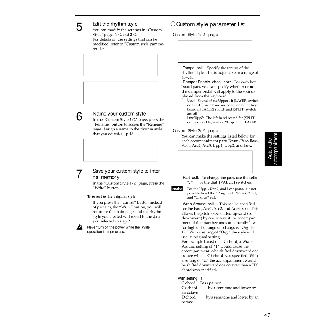 Korg Sp-500 Custom style parameter list, Edit the rhythm style, Name your custom style, Save your custom style to inter 