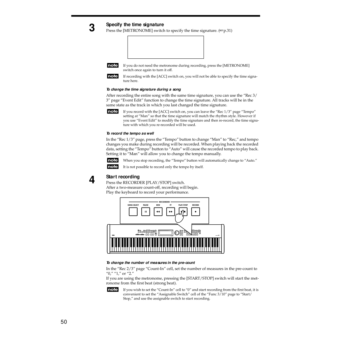 Korg Sp-500 manual Specify the time signature, Start recording, To change the time signature during a song 