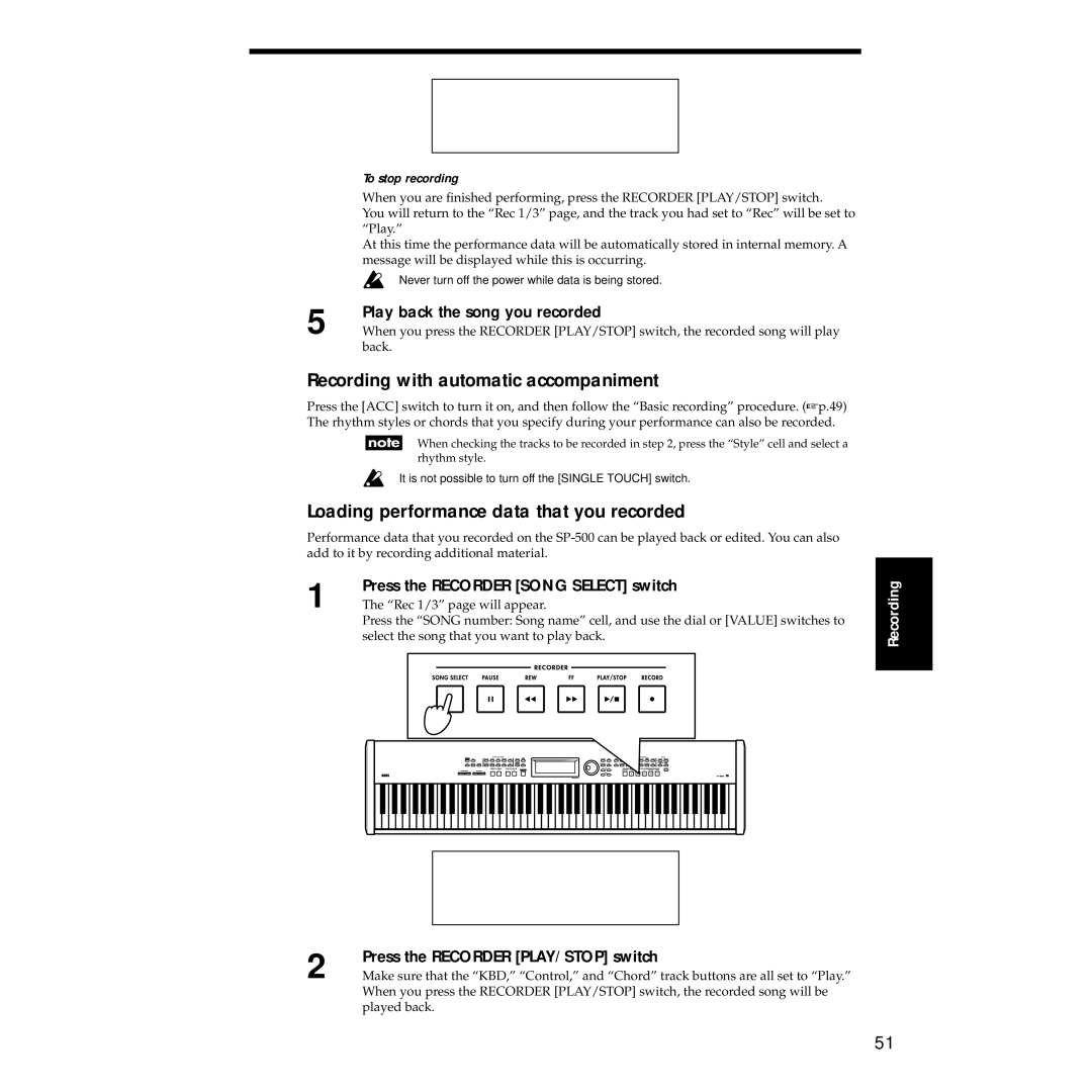 Korg Sp-500 manual Recording with automatic accompaniment, Loading performance data that you recorded 