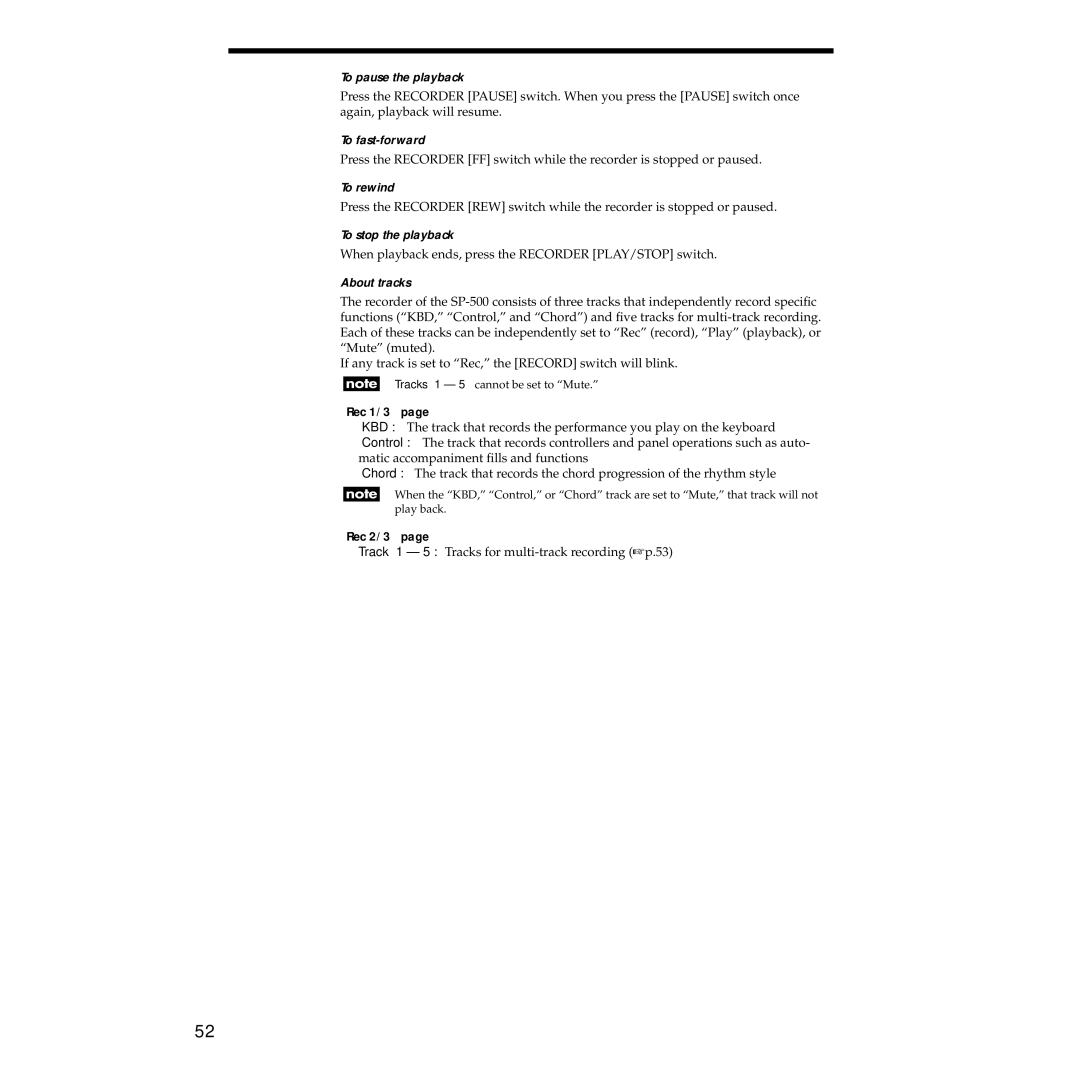 Korg Sp-500 manual To pause the playback, To fast-forward, To rewind, To stop the playback, About tracks 