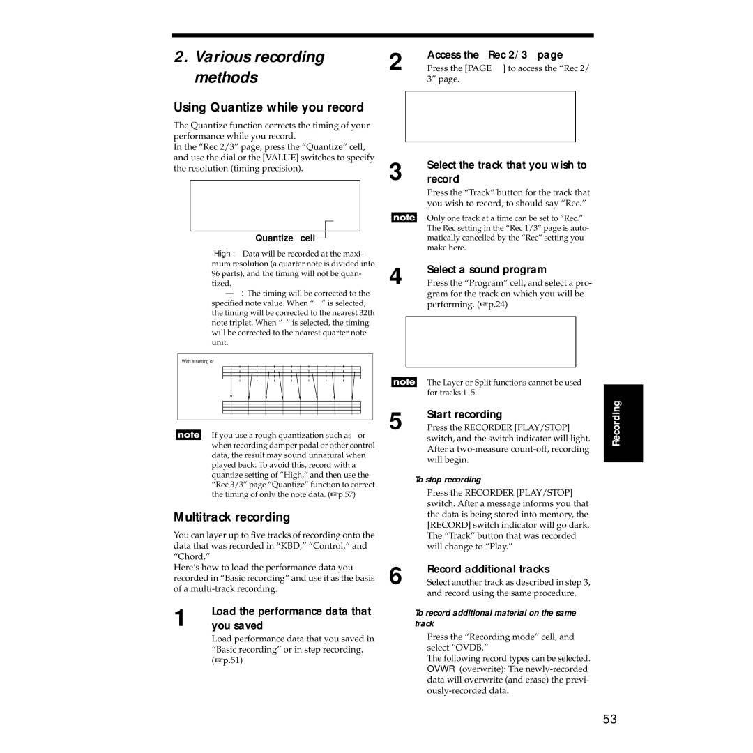 Korg Sp-500 manual Various recording methods, Using Quantize while you record, Multitrack recording 