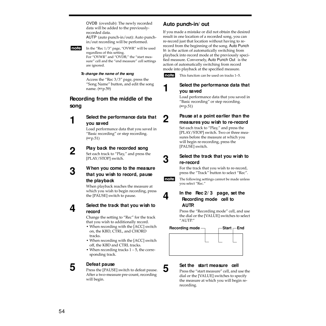 Korg Sp-500 manual Recording from the middle of the song, Auto punch-in/out 