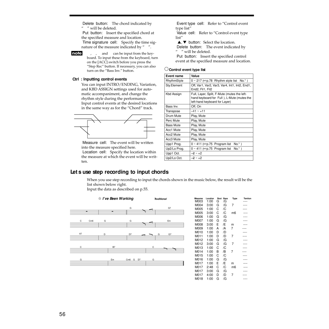 Korg Sp-500 manual Let’s use step recording to input chords, Ctrl Inputting control events, Control event type list 