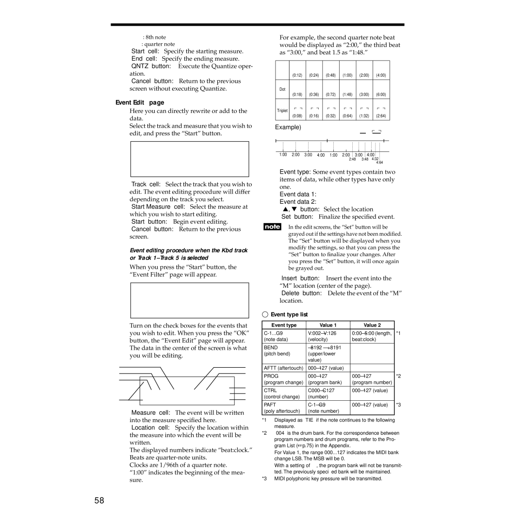 Korg Sp-500 manual Event Edit, Event type list 