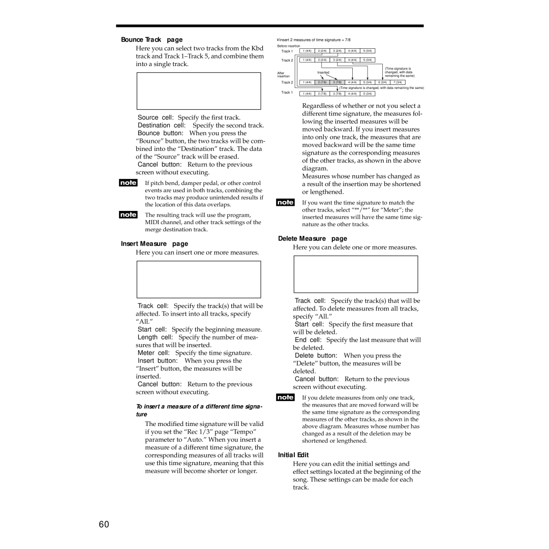 Korg Sp-500 manual Bounce Track, Insert Measure, Delete Measure, Initial Edit 