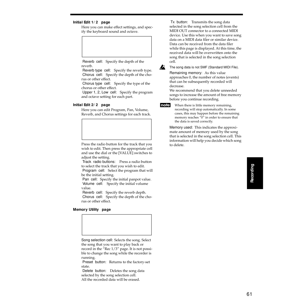 Korg Sp-500 manual Initial Edit 1/2, Initial Edit 2/2, Memory Utility 