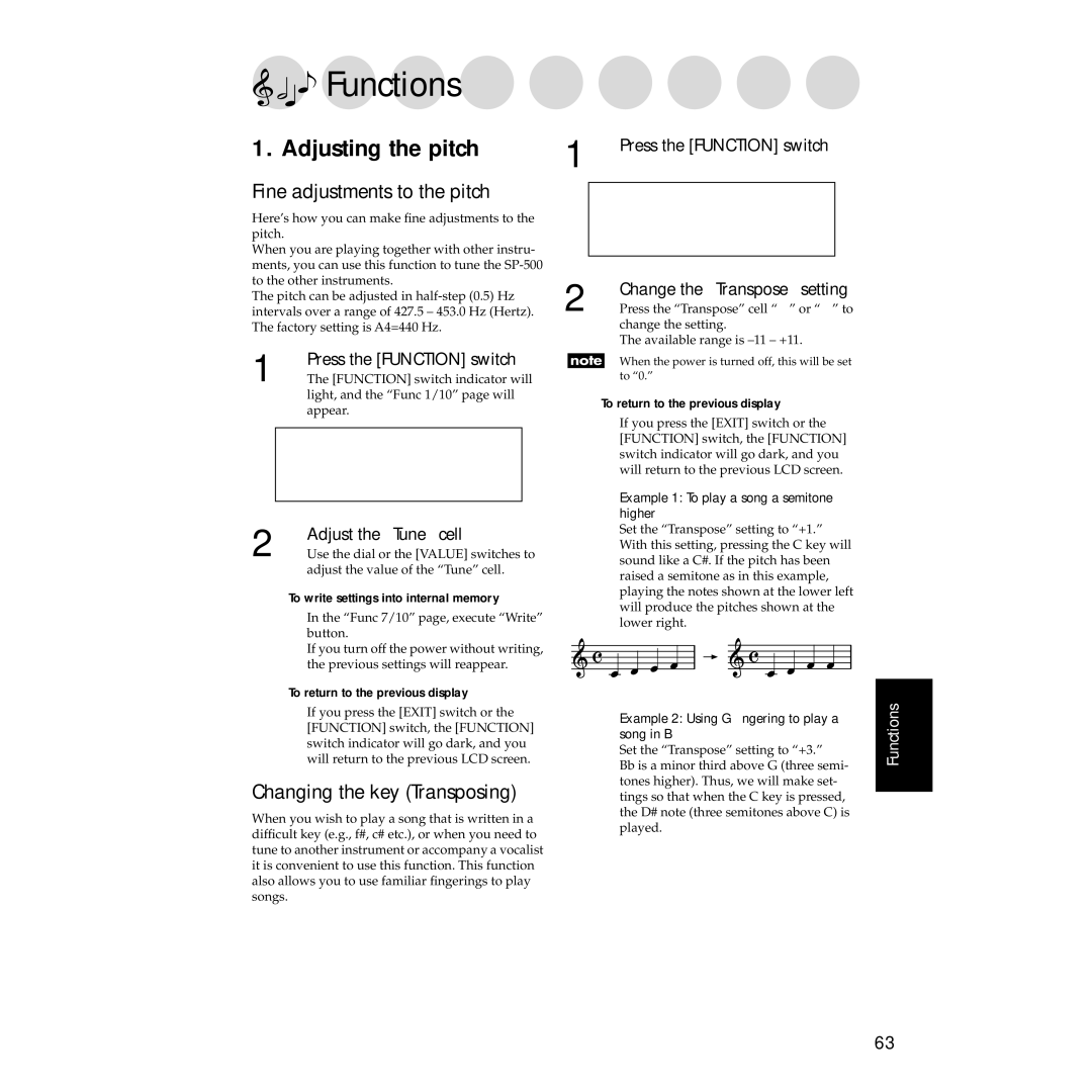 Korg Sp-500 manual Functions, Adjusting the pitch, Fine adjustments to the pitch, Changing the key Transposing 