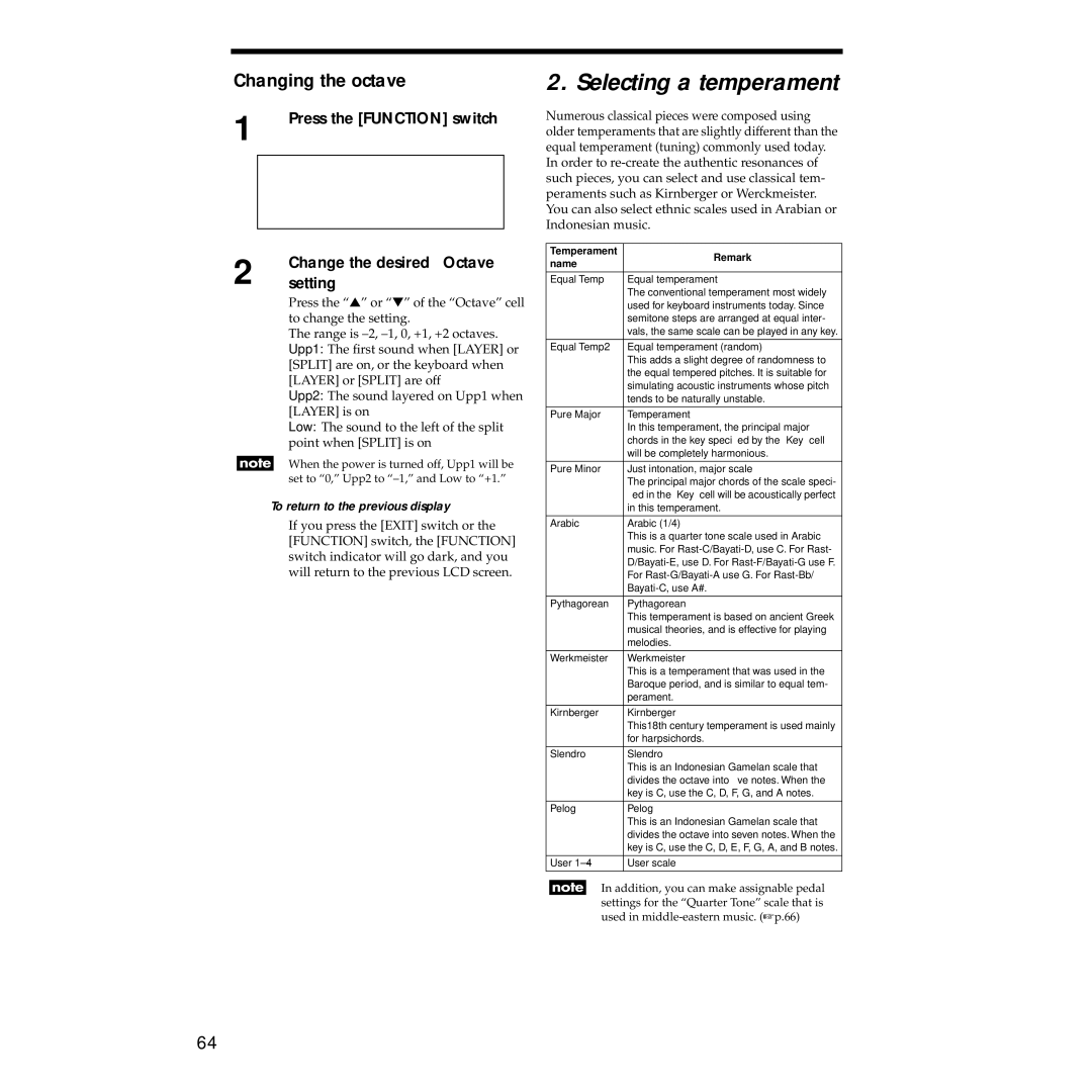 Korg Sp-500 manual Selecting a temperament, Changing the octave, Change the desired Octave, Setting 