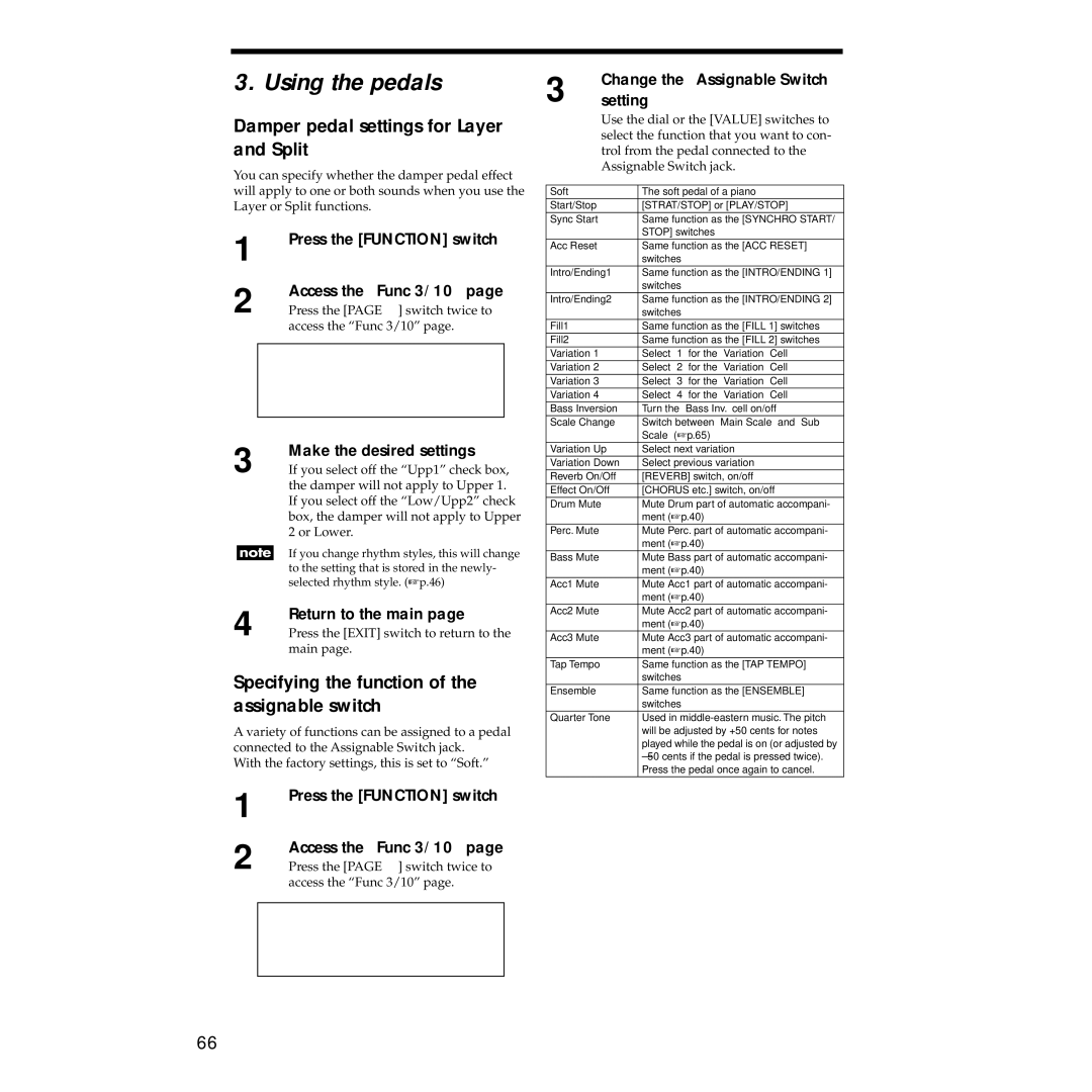 Korg Sp-500 Using the pedals, Damper pedal settings for Layer and Split, Specifying the function of the assignable switch 
