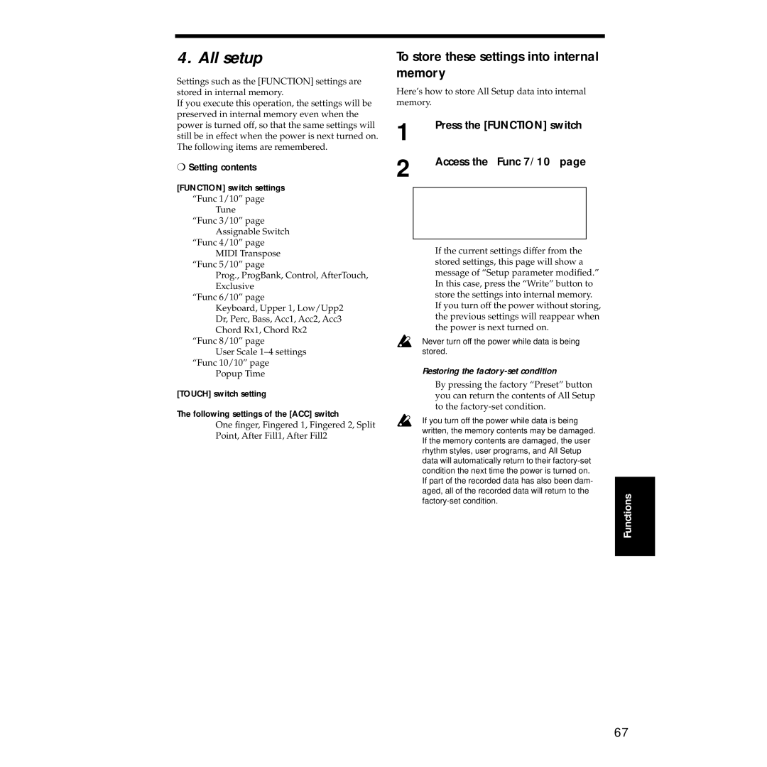 Korg Sp-500 manual All setup, To store these settings into internal memory, Access the Func 7/10, Setting contents 