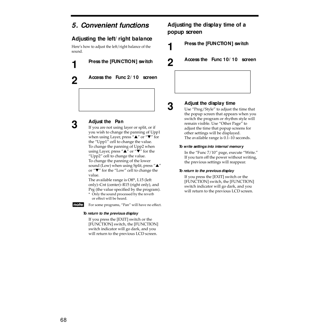 Korg Sp-500 manual Convenient functions, Adjusting the left/right balance, Adjusting the display time of a popup screen 