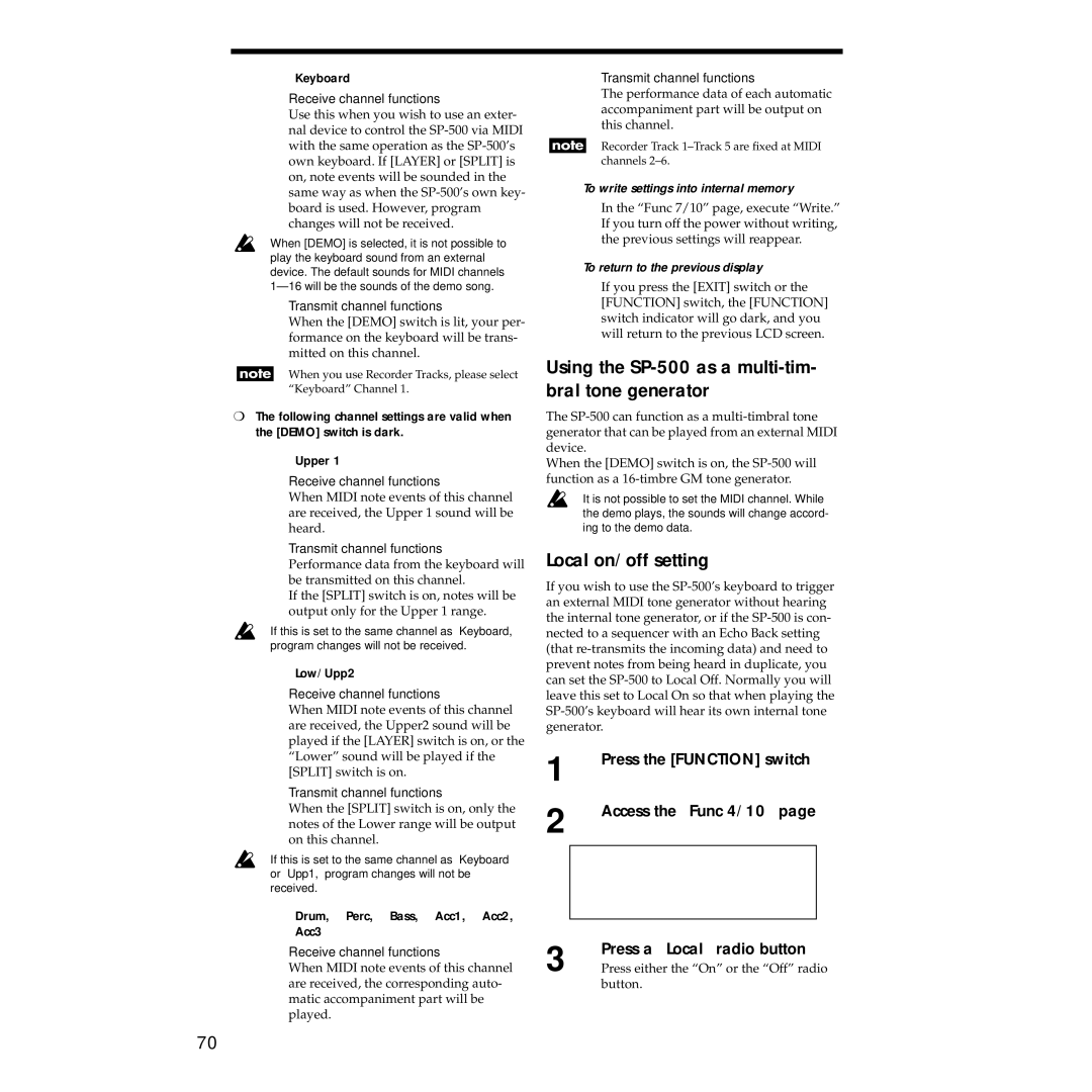 Korg Sp-500 manual Using the SP-500 as a multi-tim- bral tone generator, Local on/off setting, Access the Func 4/10 